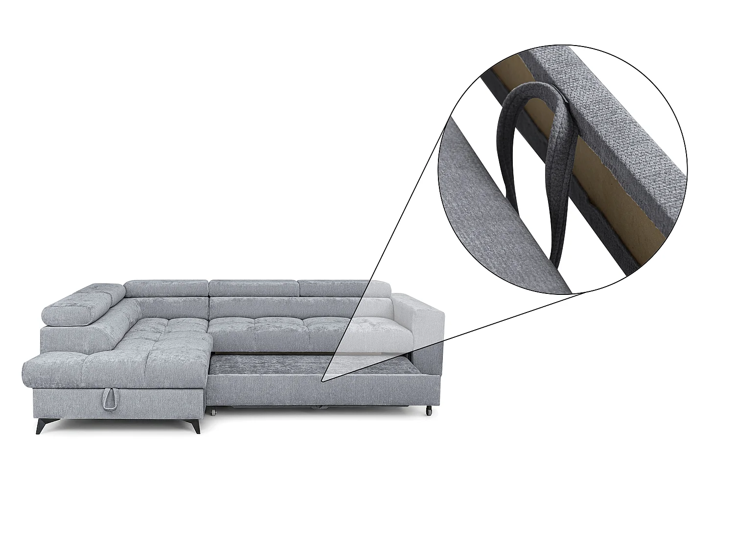 Canapé d'angle droit convertible 5 places tissu chenille gris BEVIANO