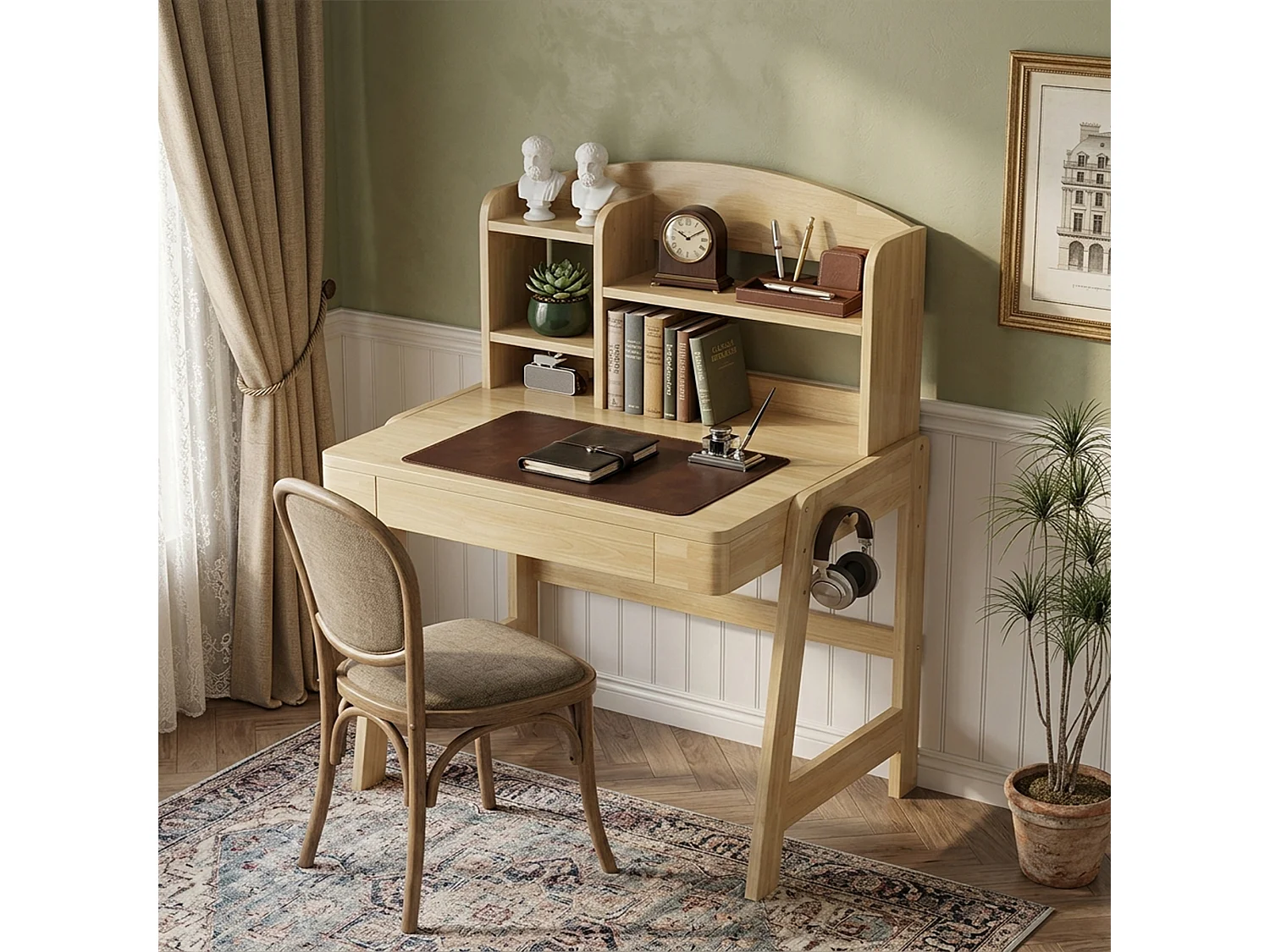 Höhenverstellbarer Kinderschreibtisch 80 x 60 x 108/118 cm mit 1 Schublade und geschlossenem Staufach – Massivholz, seitlicher Haken – Natur