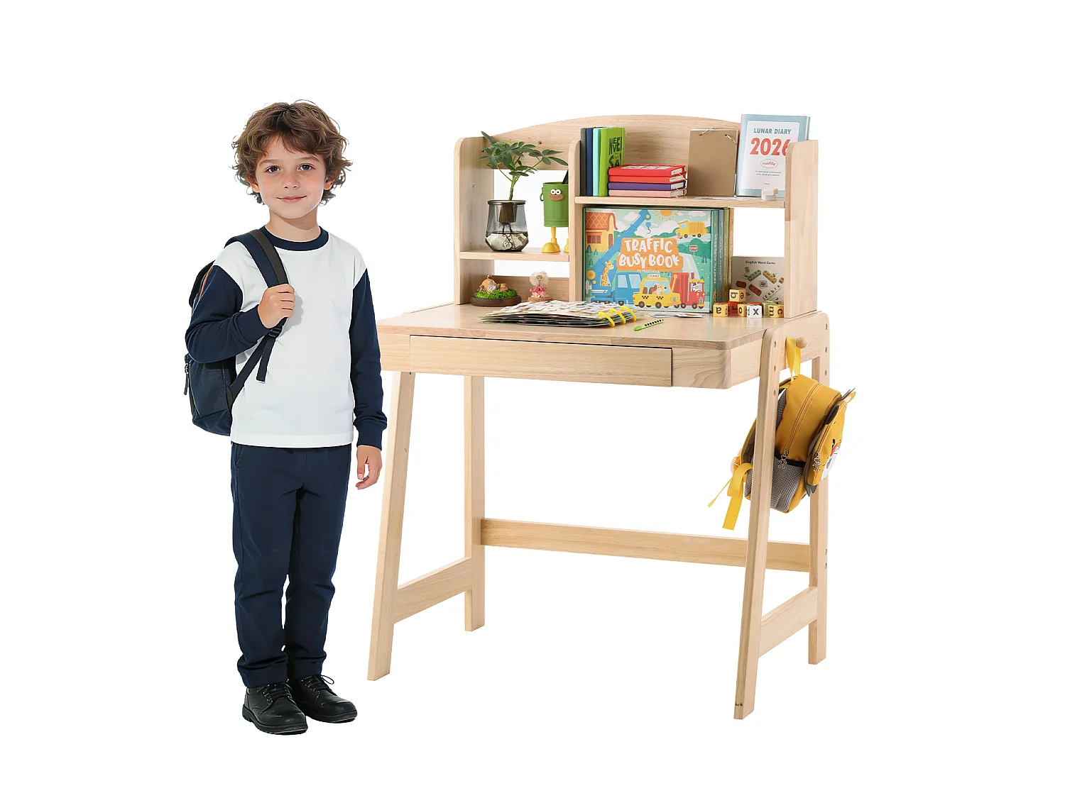 Höhenverstellbarer Kinderschreibtisch 80 x 60 x 108/118 cm mit 1 Schublade und geschlossenem Staufach – Massivholz, seitlicher Haken – Natur
