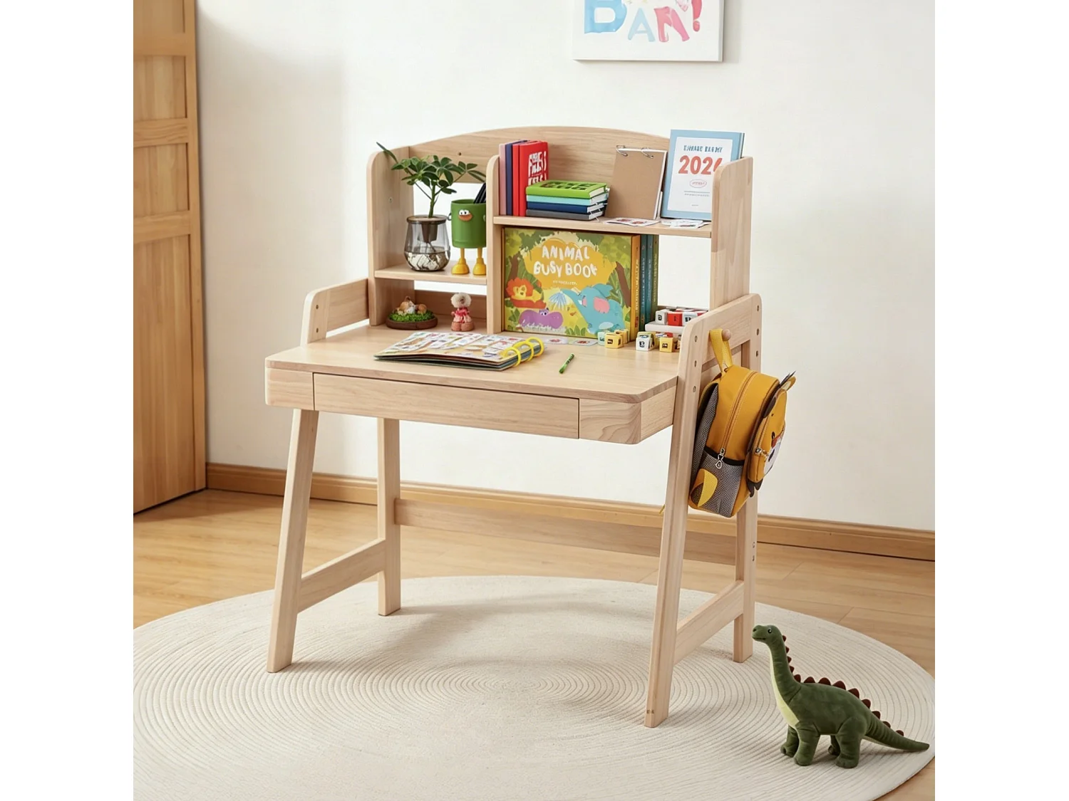 Höhenverstellbarer Kinderschreibtisch 80 x 60 x 108/118 cm mit 1 Schublade und geschlossenem Staufach – Massivholz, seitlicher Haken – Natur