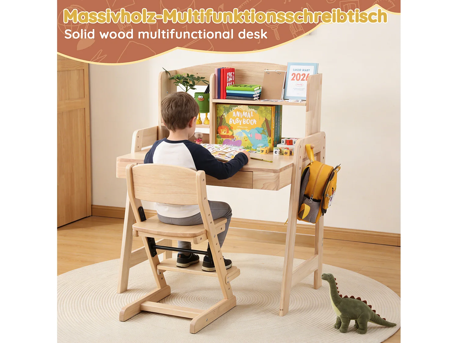 Höhenverstellbarer Kinderschreibtisch 80 x 60 x 108/118 cm mit 1 Schublade und geschlossenem Staufach – Massivholz, seitlicher Haken – Natur
