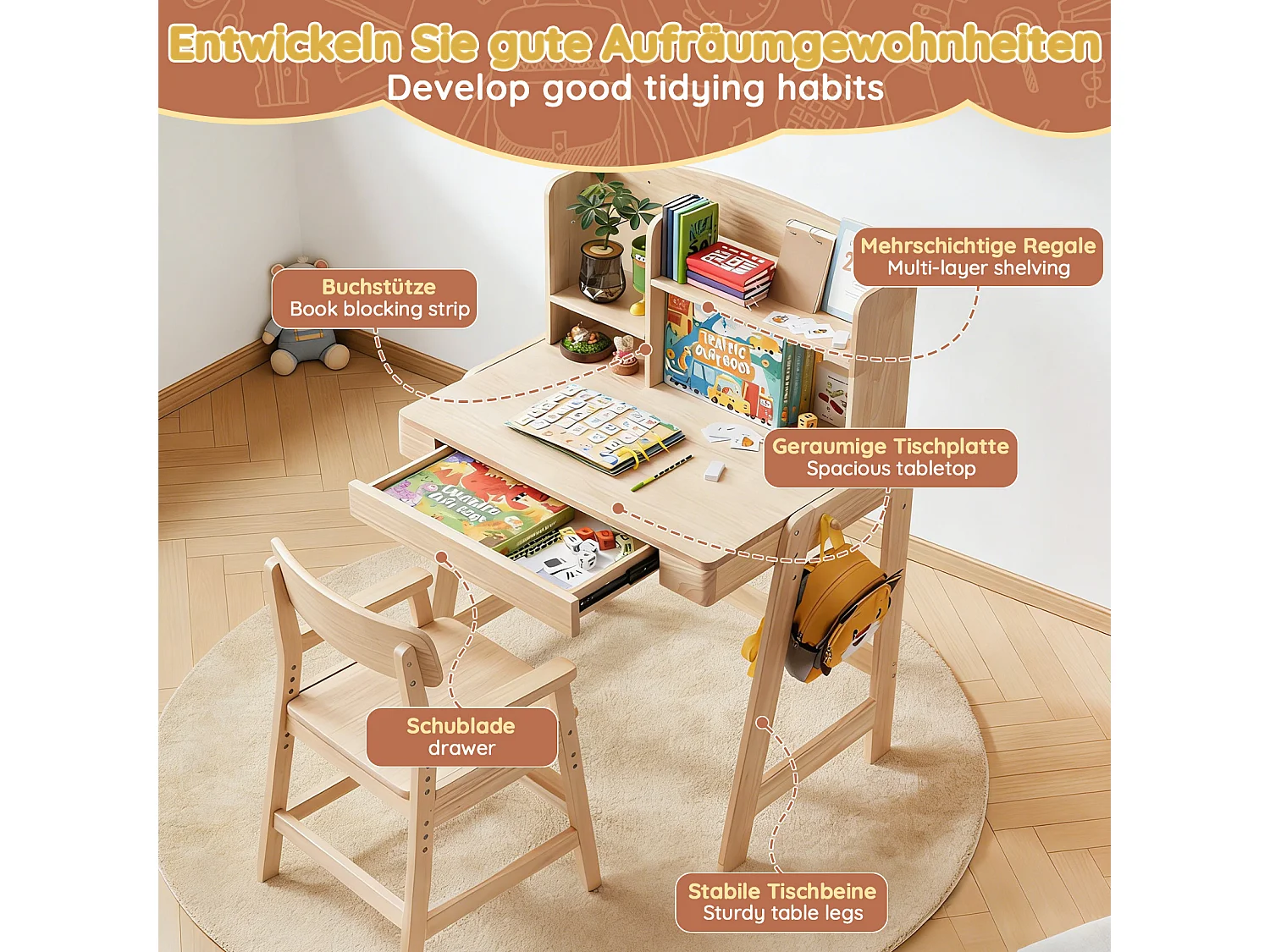 Höhenverstellbarer Kinderschreibtisch 80 x 60 x 108/118 cm mit 1 Schublade und geschlossenem Staufach – Massivholz, seitlicher Haken – Natur