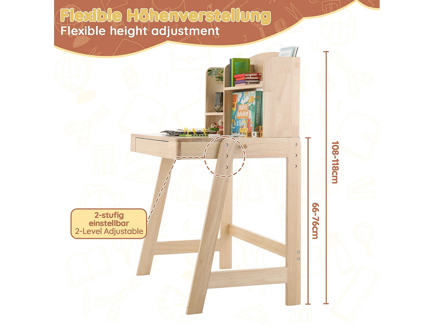 Höhenverstellbarer Kinderschreibtisch 80 x 60 x 108/118 cm mit 1 Schublade und geschlossenem Staufach – Massivholz, seitlicher Haken – Natur