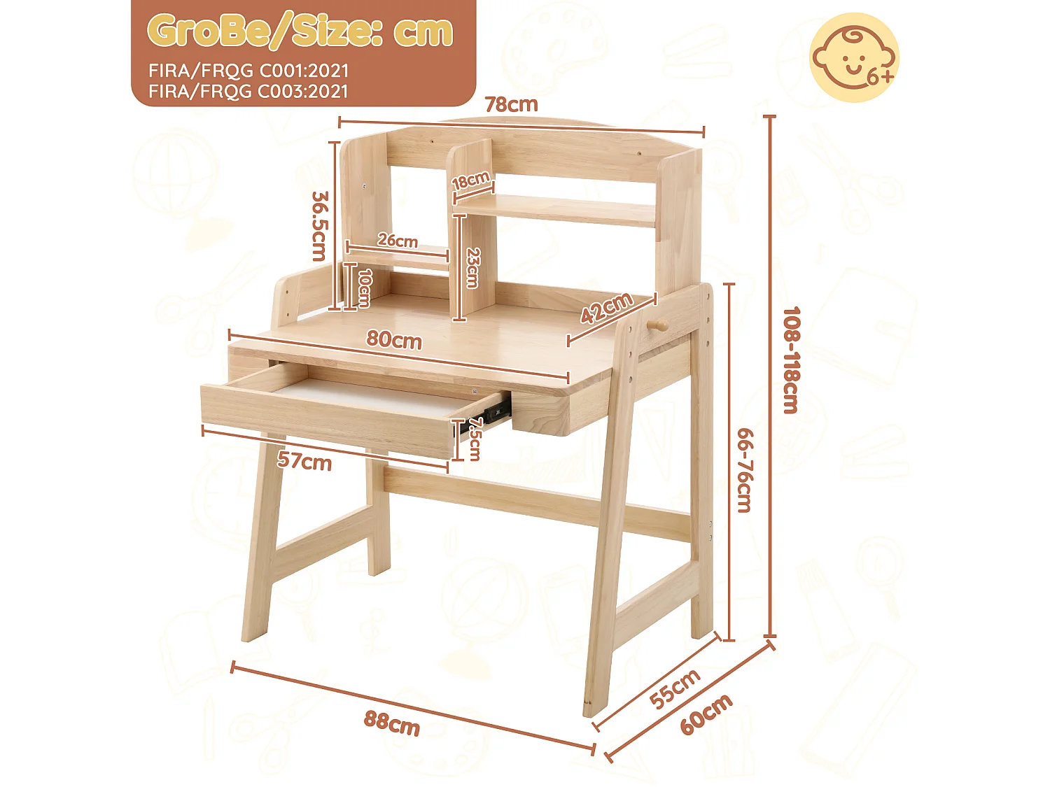 Höhenverstellbarer Kinderschreibtisch 80 x 60 x 108/118 cm mit 1 Schublade und geschlossenem Staufach – Massivholz, seitlicher Haken – Natur