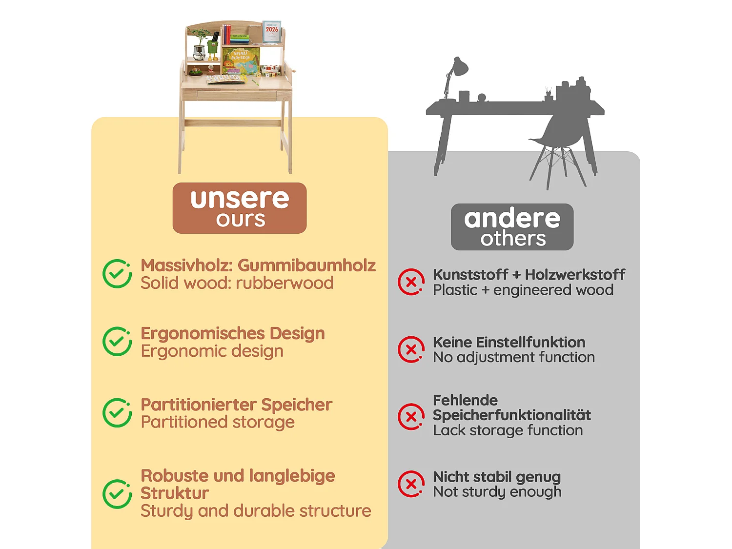 Höhenverstellbarer Kinderschreibtisch 80 x 60 x 108/118 cm mit 1 Schublade und geschlossenem Staufach – Massivholz, seitlicher Haken – Natur
