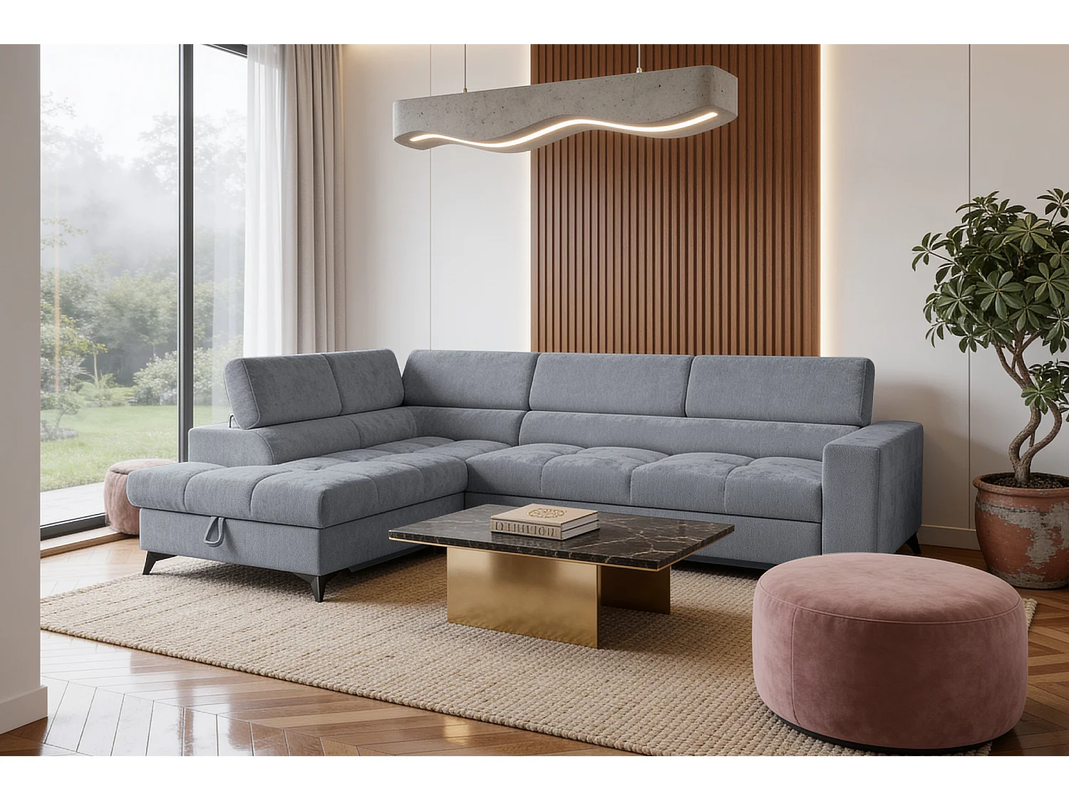 Canapé d'angle gauche convertible 5 places tissu chenille gris BEVIANO