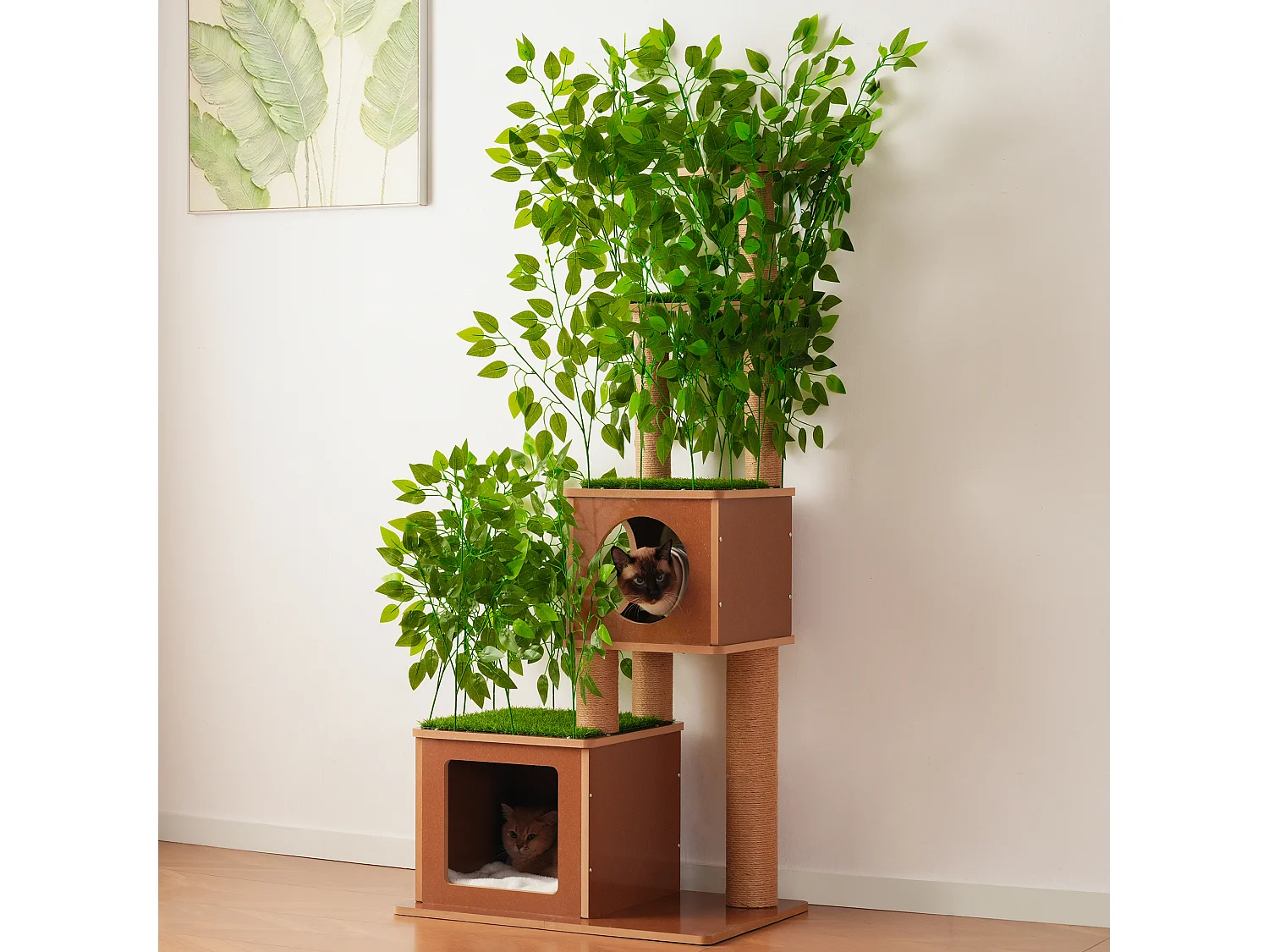 Arbre à chat de 175 cm - Feuilles artificielles amovibles - 2 couchages, 2 plateformes, des griffoirs en sisal et des tapis - Vert