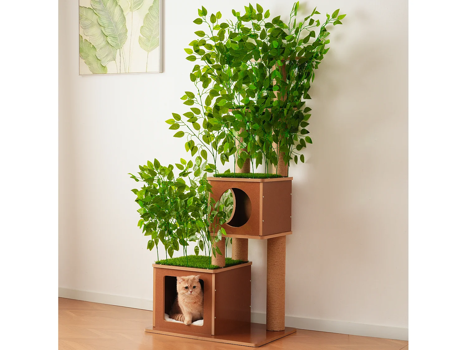 Arbre à chat de 175 cm - Feuilles artificielles amovibles - 2 couchages, 2 plateformes, des griffoirs en sisal et des tapis - Vert