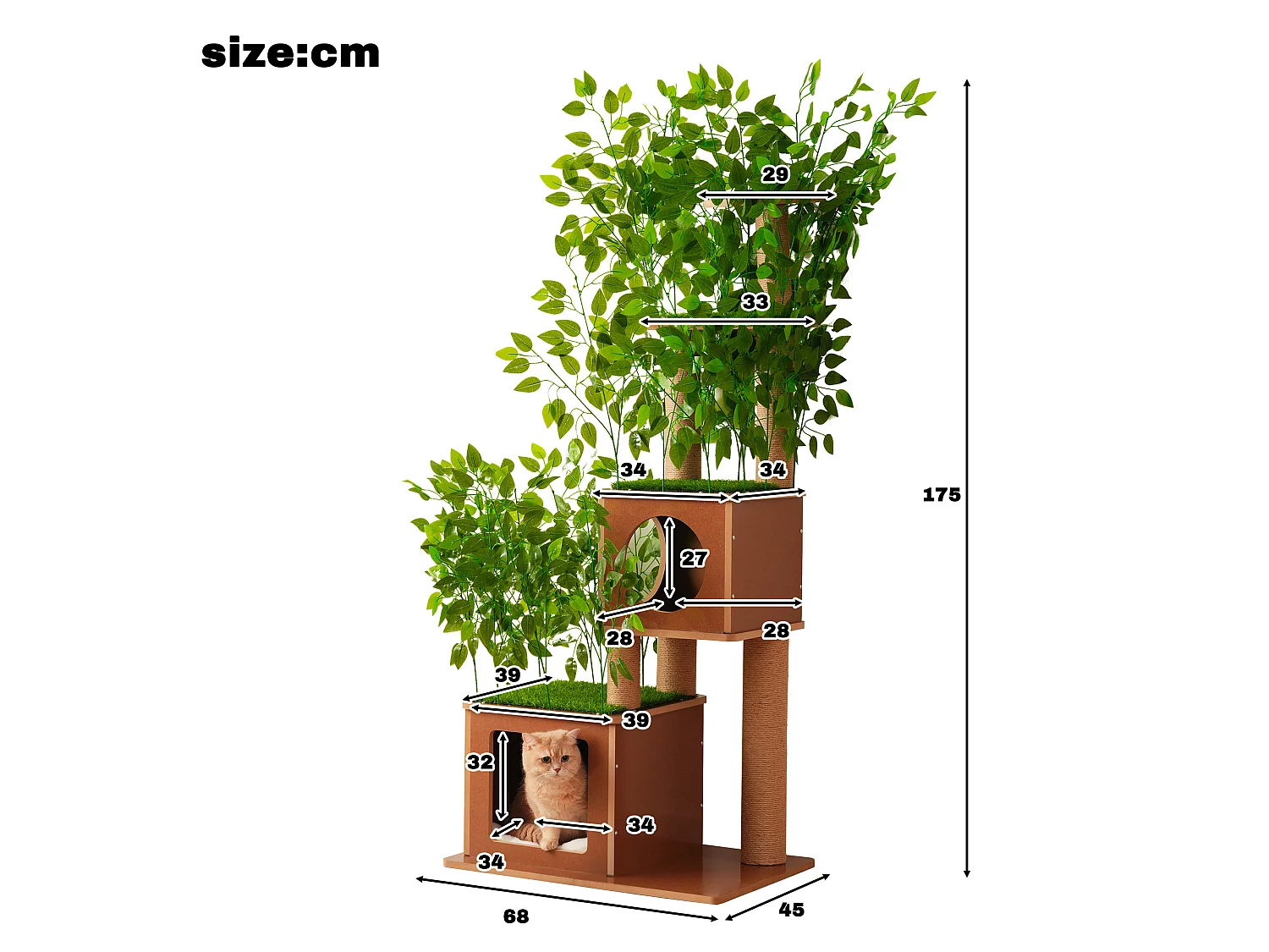 Arbre à chat de 175 cm - Feuilles artificielles amovibles - 2 couchages, 2 plateformes, des griffoirs en sisal et des tapis - Vert