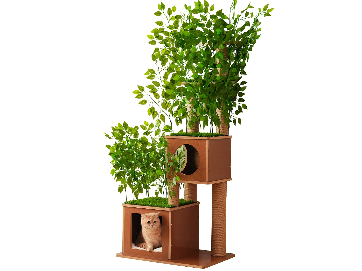 Arbre à chat de 175 cm - Feuilles artificielles amovibles - 2 couchages, 2 plateformes, des griffoirs en sisal et des tapis - Vert