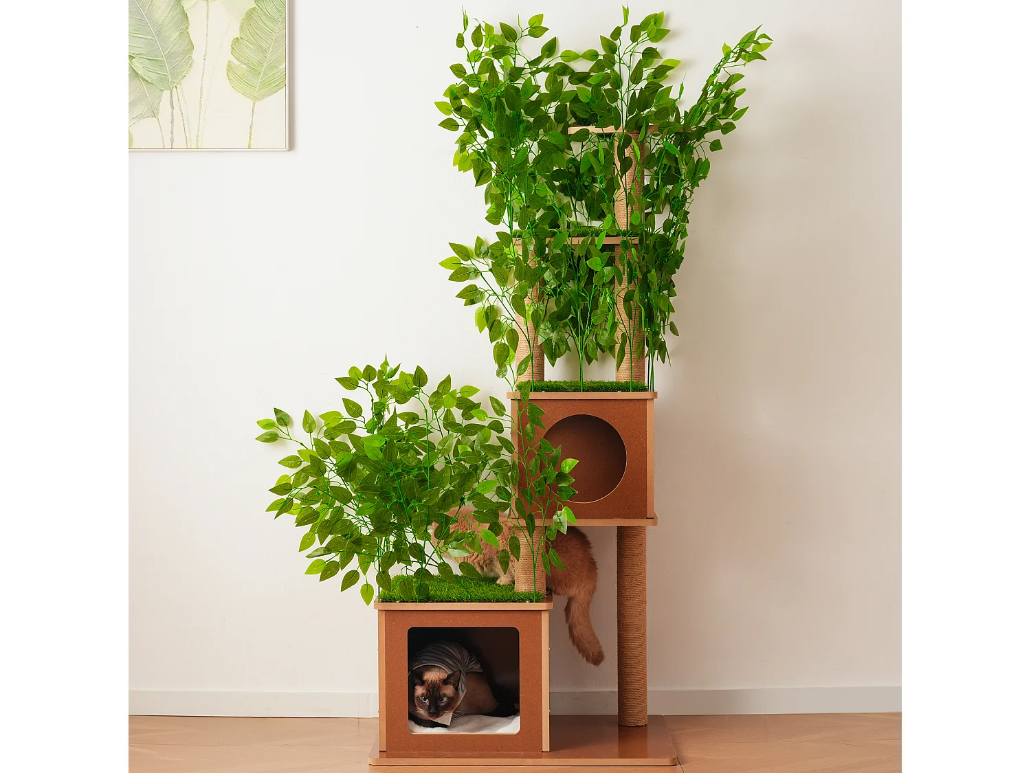 Arbre à chat de 175 cm - Feuilles artificielles amovibles - 2 couchages, 2 plateformes, des griffoirs en sisal et des tapis - Vert