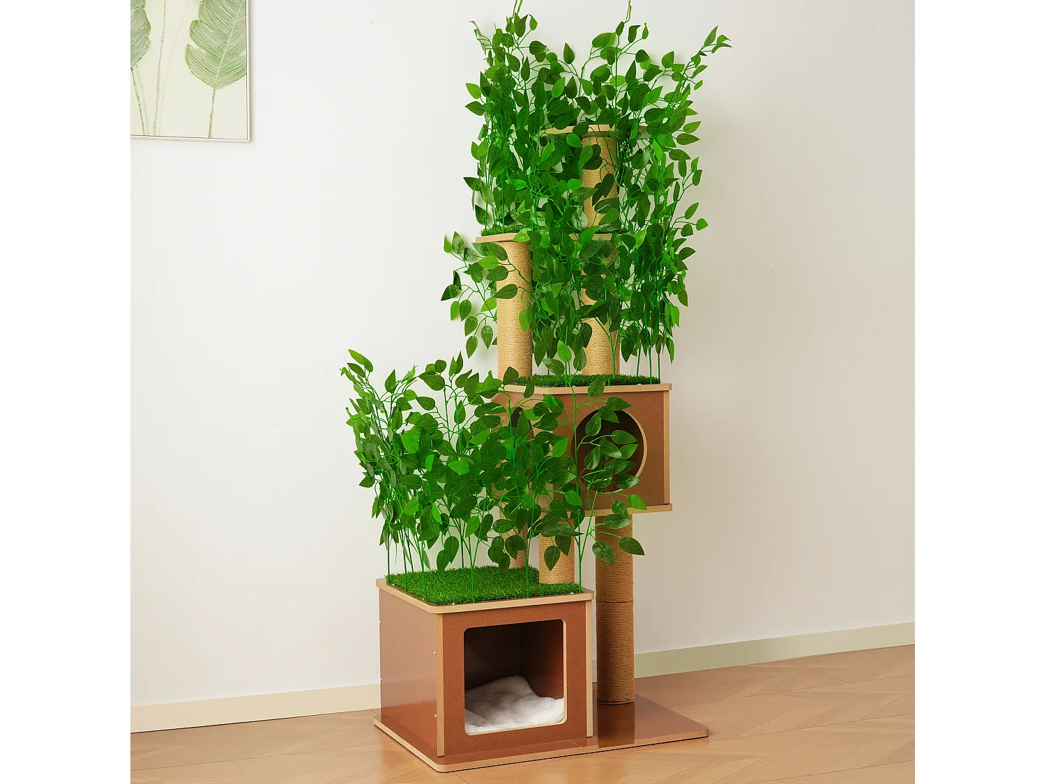 Arbre à chat de 175 cm - Feuilles artificielles amovibles - 2 couchages, 2 plateformes, des griffoirs en sisal et des tapis - Vert