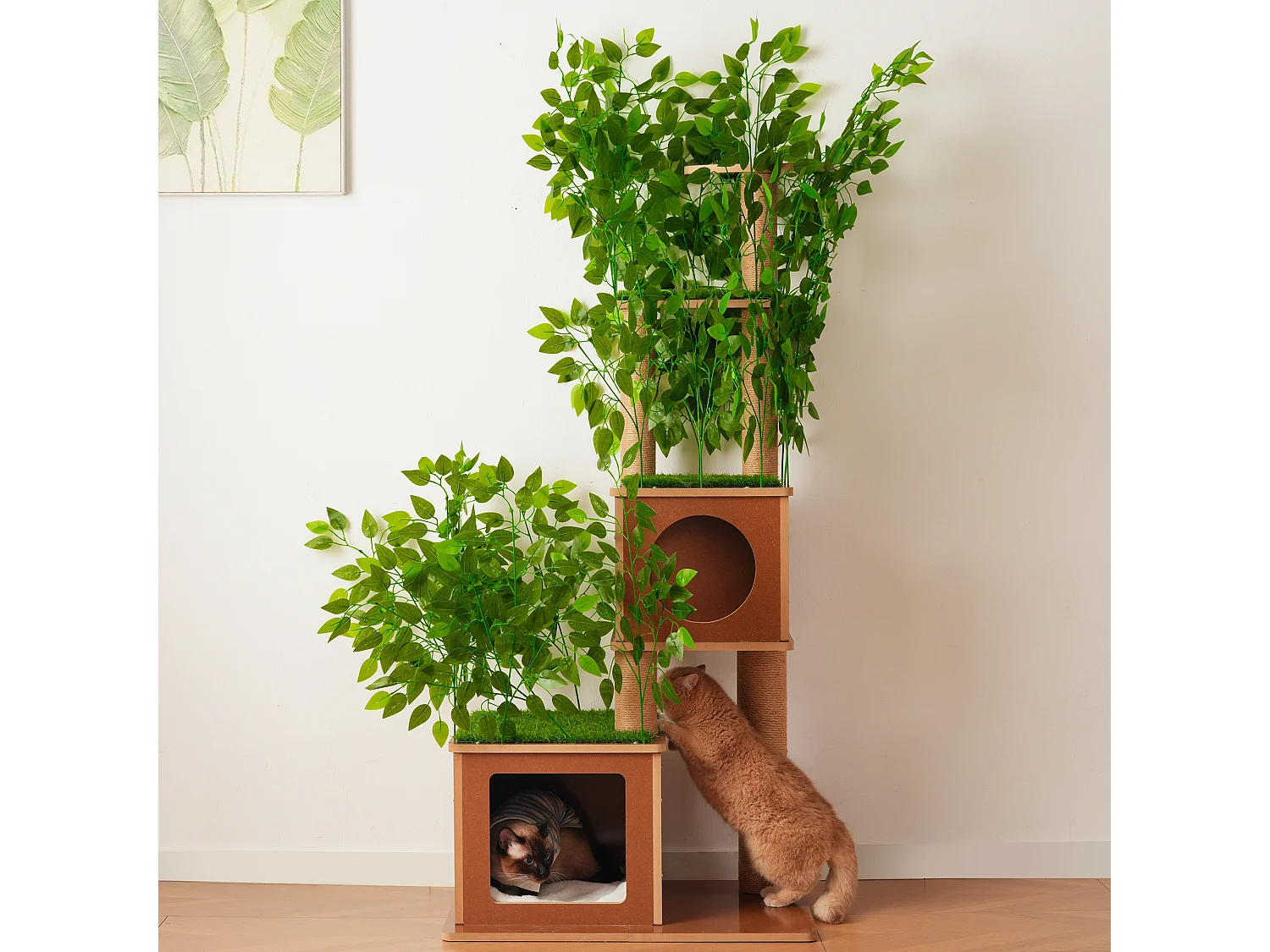 Arbre à chat de 175 cm - Feuilles artificielles amovibles - 2 couchages, 2 plateformes, des griffoirs en sisal et des tapis - Vert