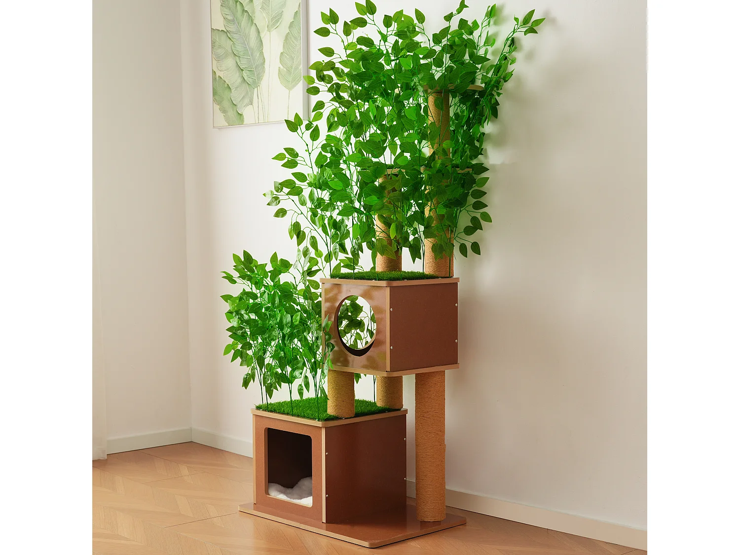 Arbre à chat de 175 cm - Feuilles artificielles amovibles - 2 couchages, 2 plateformes, des griffoirs en sisal et des tapis - Vert