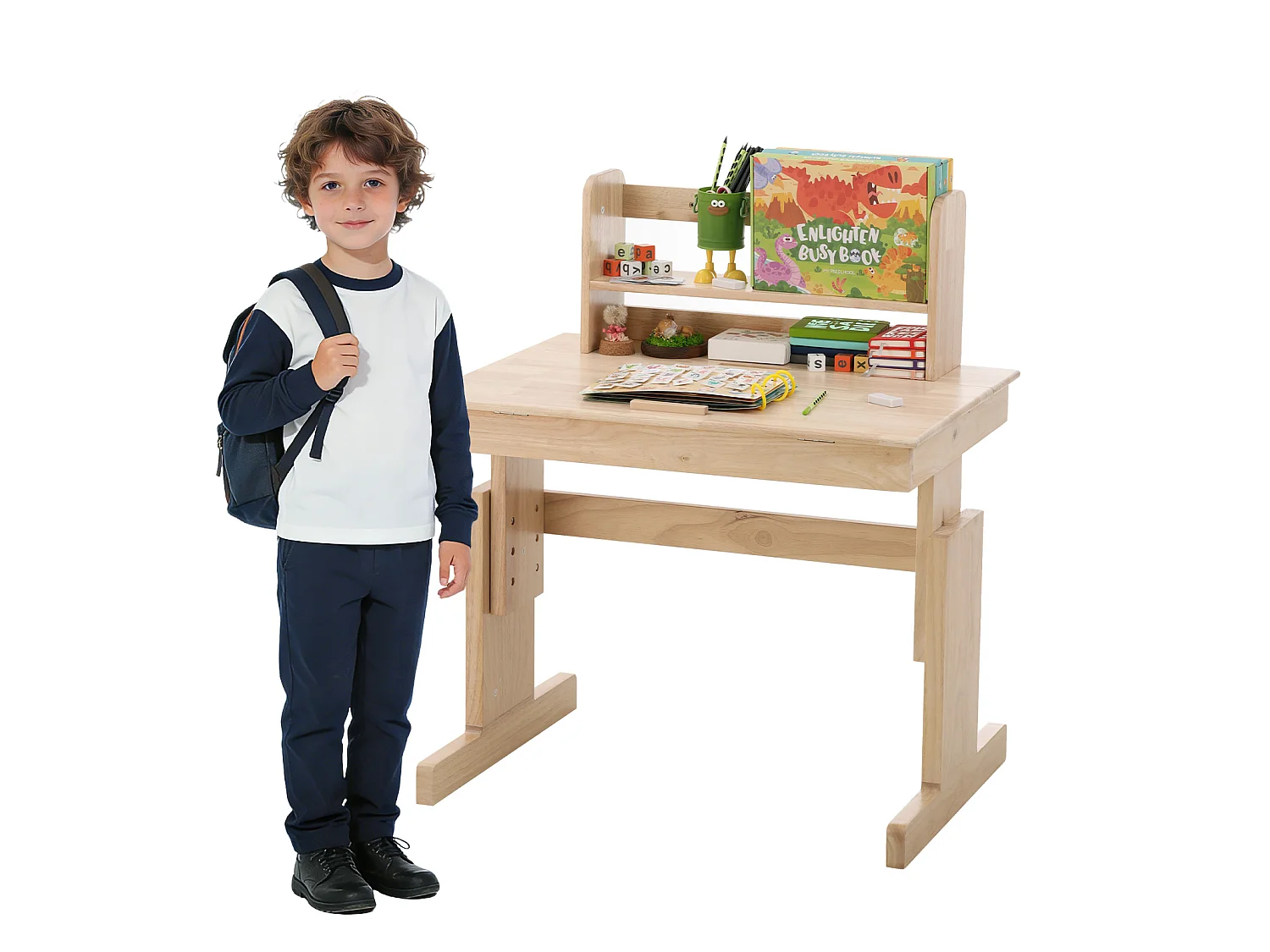 Höhenverstellbarer Kinderschreibtisch 80 x 60 x 94–104 cm mit neigbarer Tischplatte (0–43°) und Buchablage – Massivholz, sicheres Design – Natur