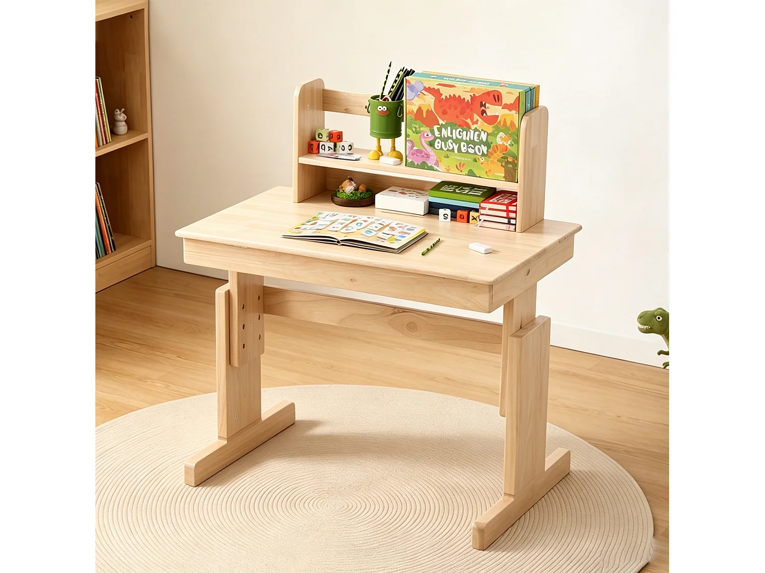 Höhenverstellbarer Kinderschreibtisch 80 x 60 x 94–104 cm mit neigbarer Tischplatte (0–43°) und Buchablage – Massivholz, sicheres Design – Natur