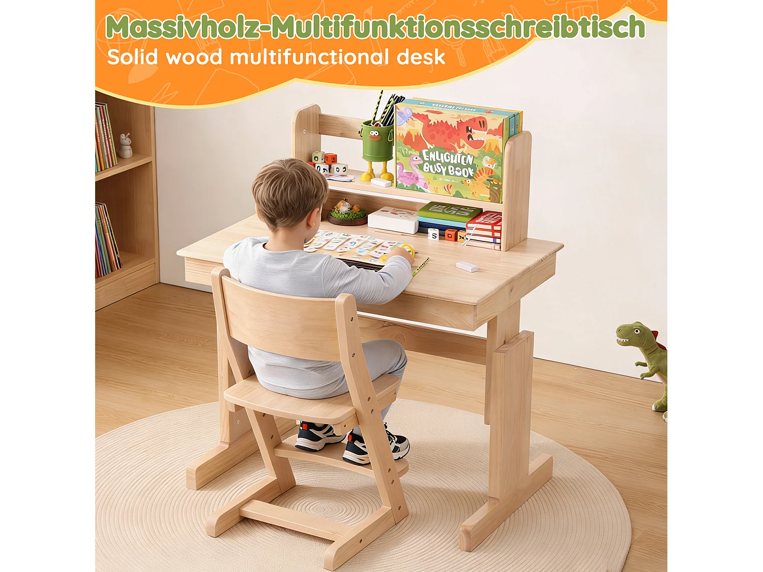 Höhenverstellbarer Kinderschreibtisch 80 x 60 x 94–104 cm mit neigbarer Tischplatte (0–43°) und Buchablage – Massivholz, sicheres Design – Natur