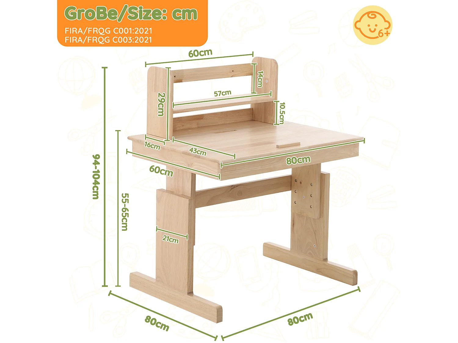 Höhenverstellbarer Kinderschreibtisch 80 x 60 x 94–104 cm mit neigbarer Tischplatte (0–43°) und Buchablage – Massivholz, sicheres Design – Natur