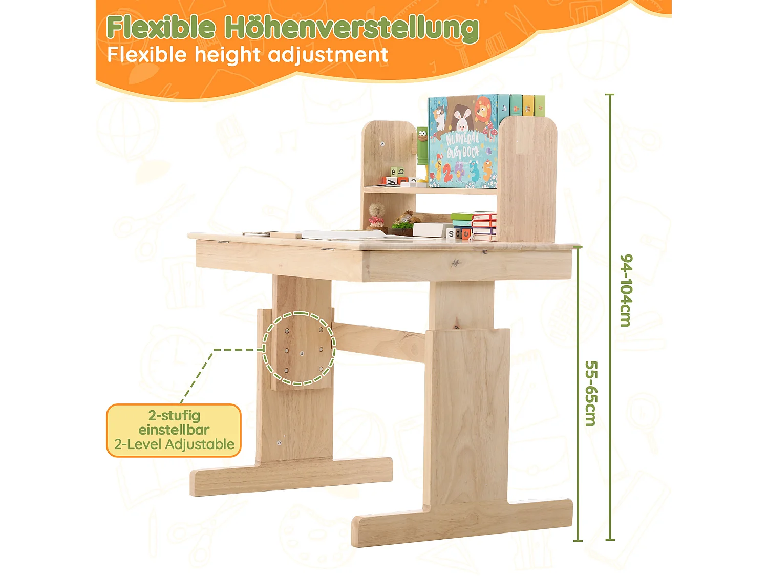 Höhenverstellbarer Kinderschreibtisch 80 x 60 x 94–104 cm mit neigbarer Tischplatte (0–43°) und Buchablage – Massivholz, sicheres Design – Natur