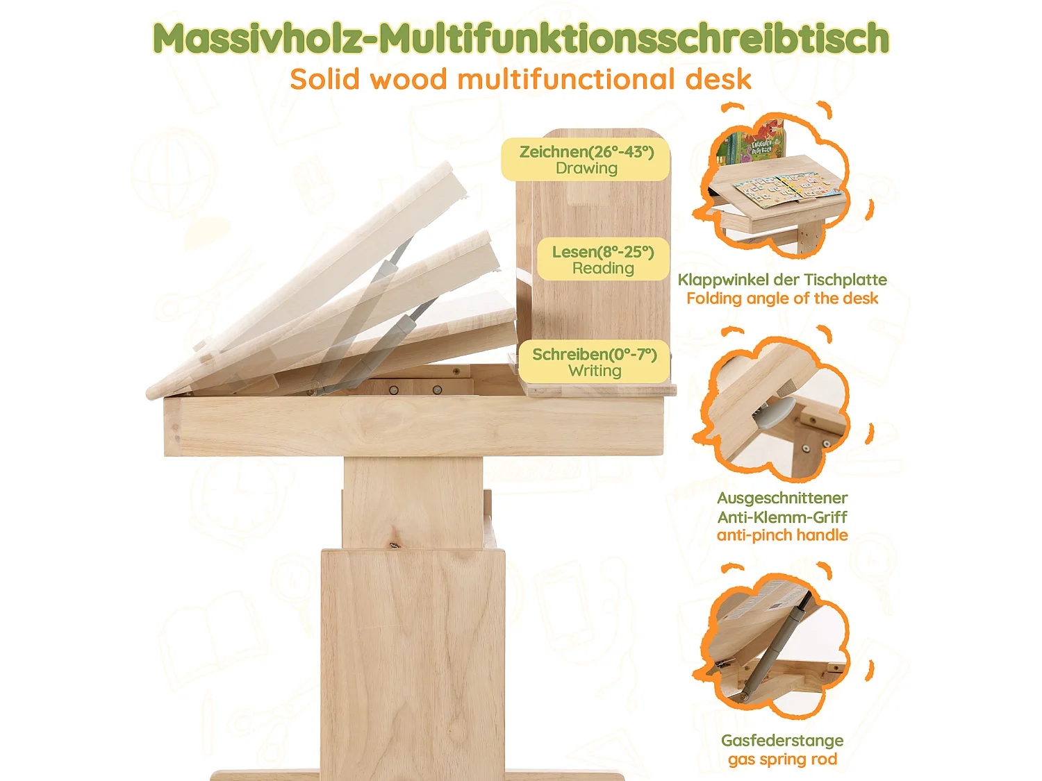 Höhenverstellbarer Kinderschreibtisch 80 x 60 x 94–104 cm mit neigbarer Tischplatte (0–43°) und Buchablage – Massivholz, sicheres Design – Natur