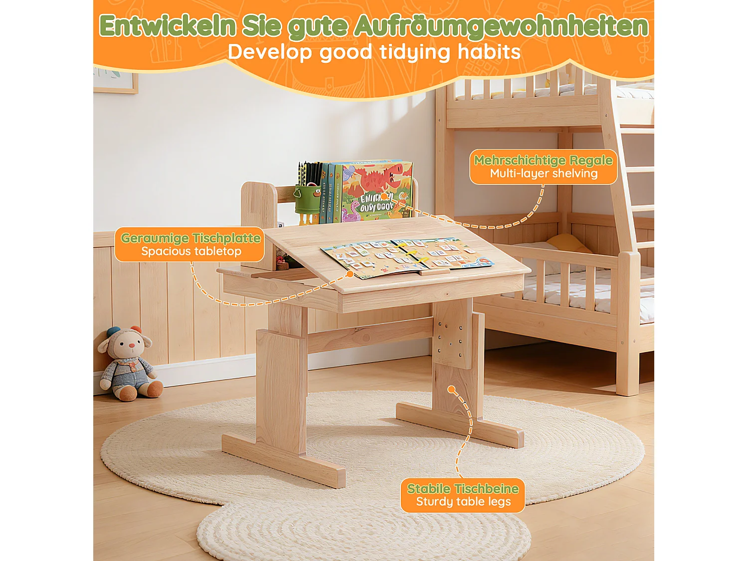 Höhenverstellbarer Kinderschreibtisch 80 x 60 x 94–104 cm mit neigbarer Tischplatte (0–43°) und Buchablage – Massivholz, sicheres Design – Natur