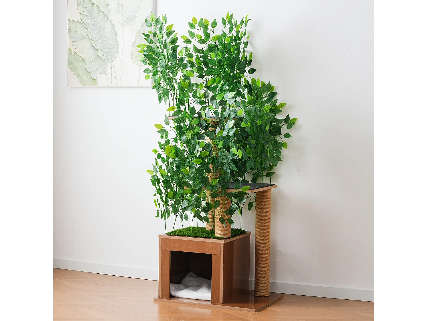 Arbre à chat en forme de sapin de 158 cm de haut - avec 1 niche pour chat et 3 plateformes - feuilles amovibles - MDF - vert
