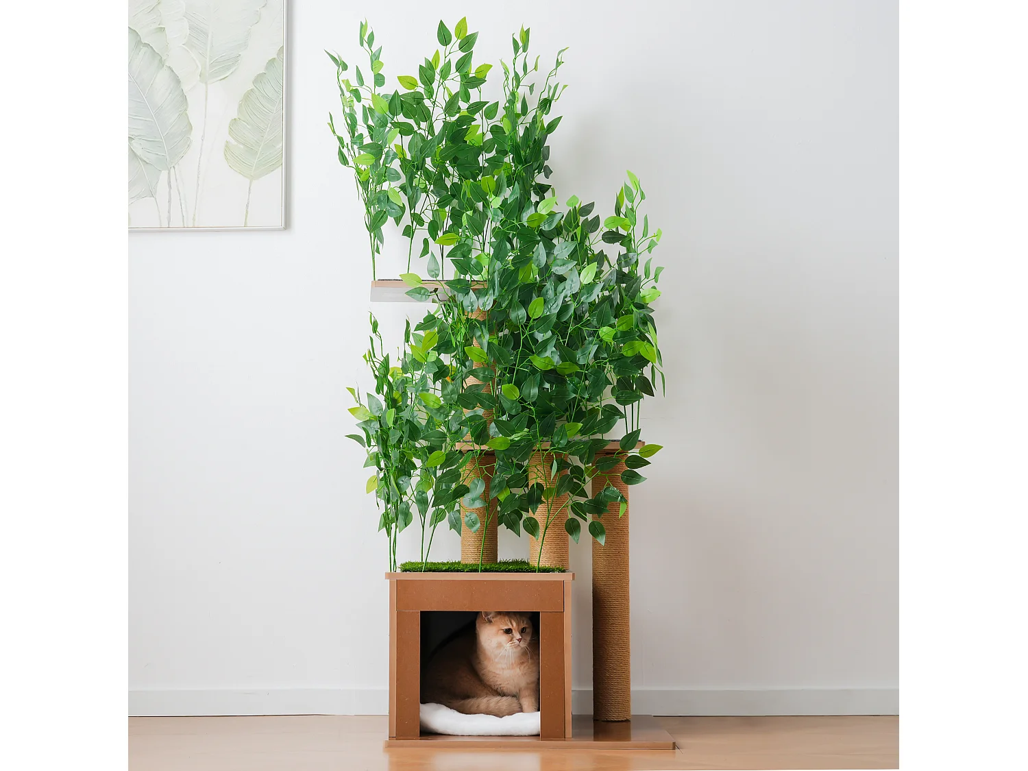 Arbre à chat en forme de sapin de 158 cm de haut - avec 1 niche pour chat et 3 plateformes - feuilles amovibles - MDF - vert