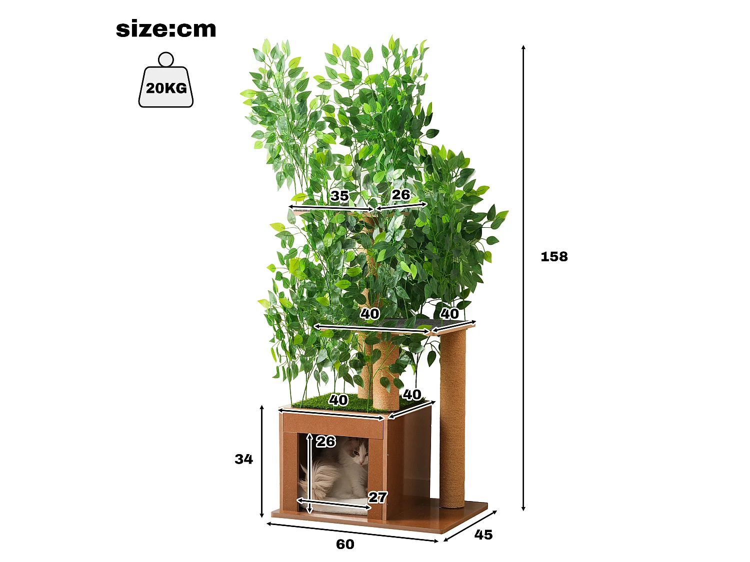 Arbre à chat en forme de sapin de 158 cm de haut - avec 1 niche pour chat et 3 plateformes - feuilles amovibles - MDF - vert