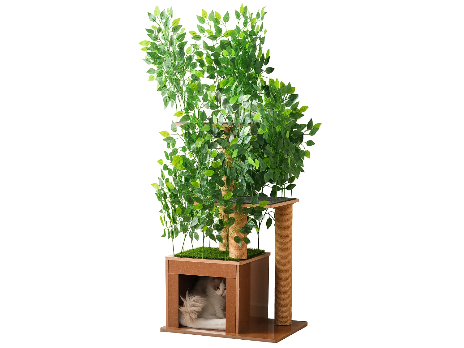 Arbre à chat en forme de sapin de 158 cm de haut - avec 1 niche pour chat et 3 plateformes - feuilles amovibles - MDF - vert