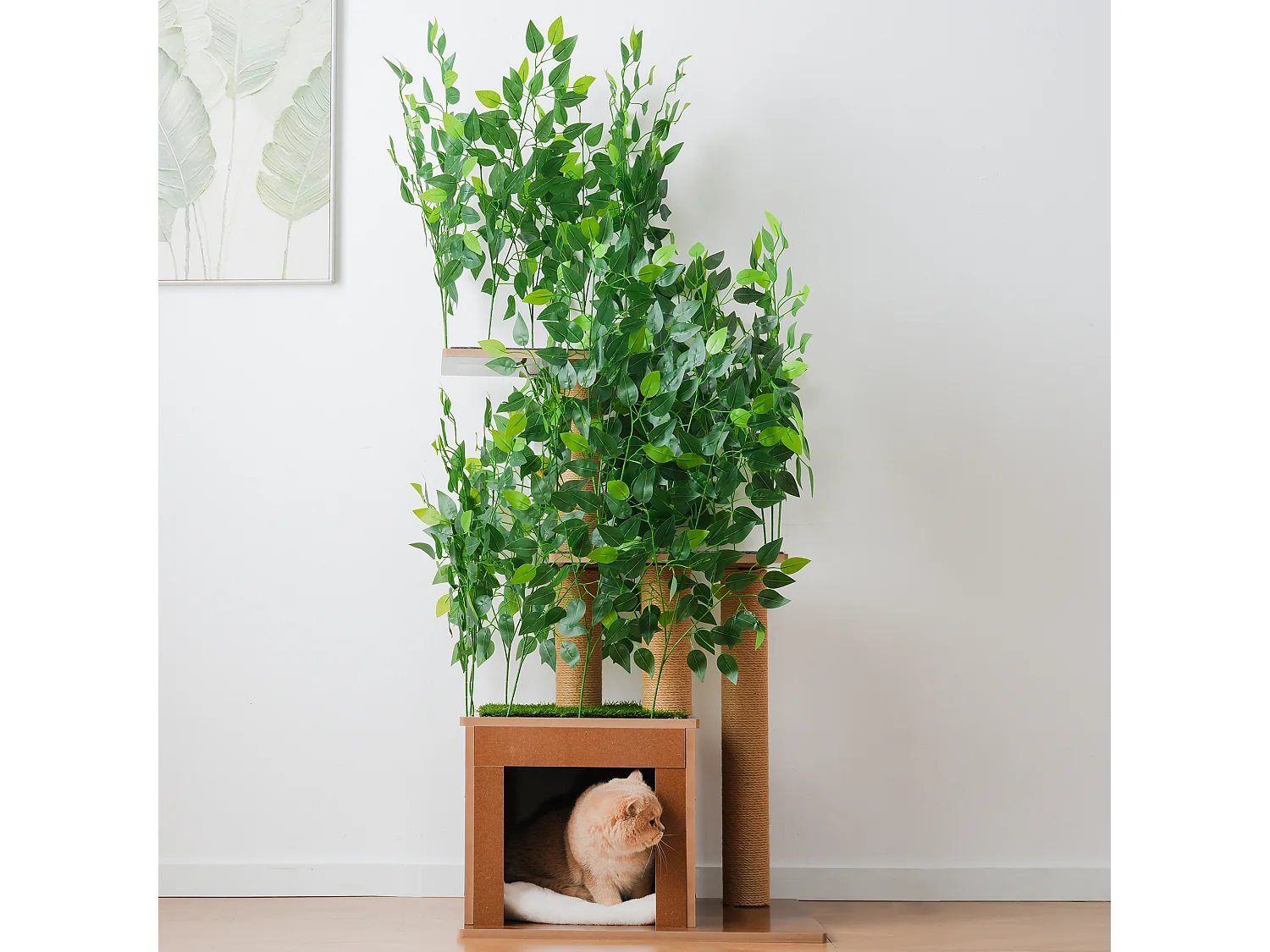Arbre à chat en forme de sapin de 158 cm de haut - avec 1 niche pour chat et 3 plateformes - feuilles amovibles - MDF - vert