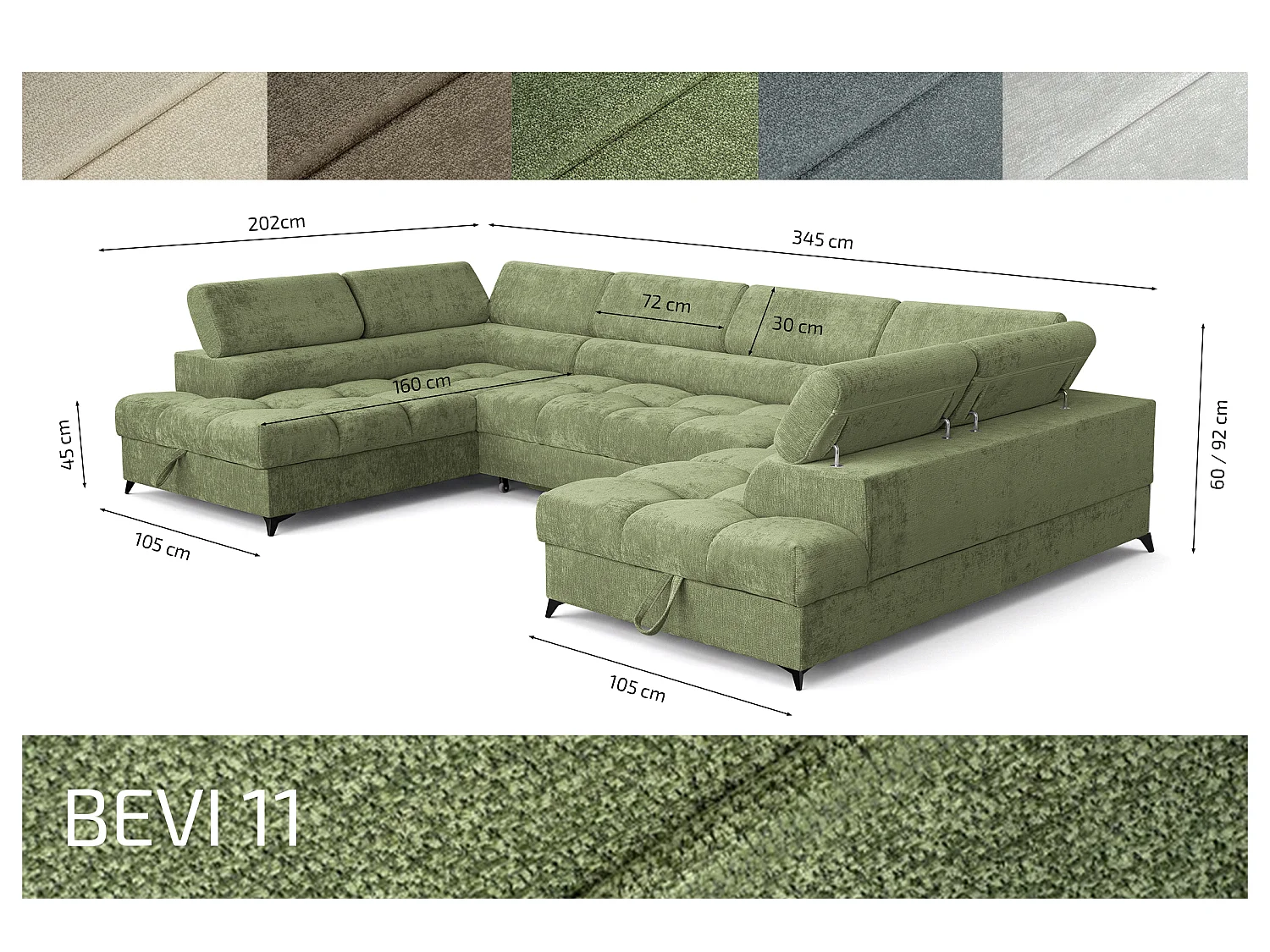 Canapé d'angle en U convertible 6 places tissu chenille vert BEVIANO U
