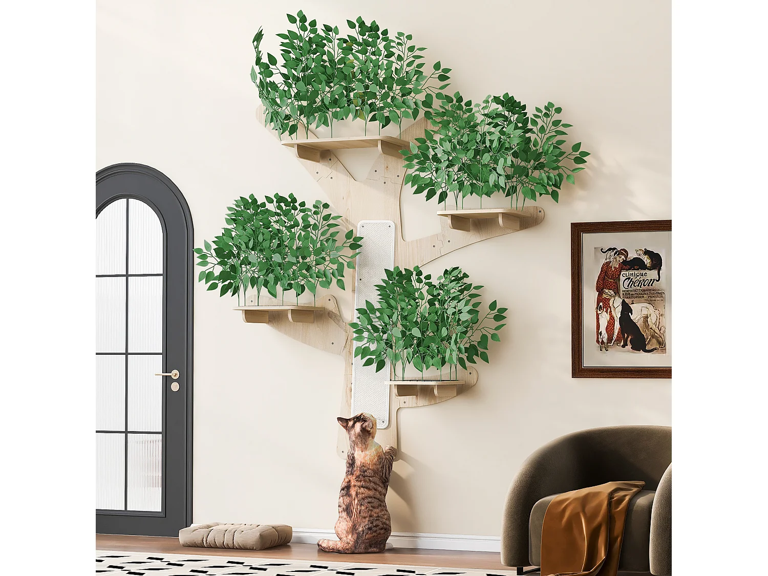 Arbre à chat mural - 210 cm de haut  - Avec griffoirs et 4 plateformes - Feuilles amovibles - Bois de pin - Vert