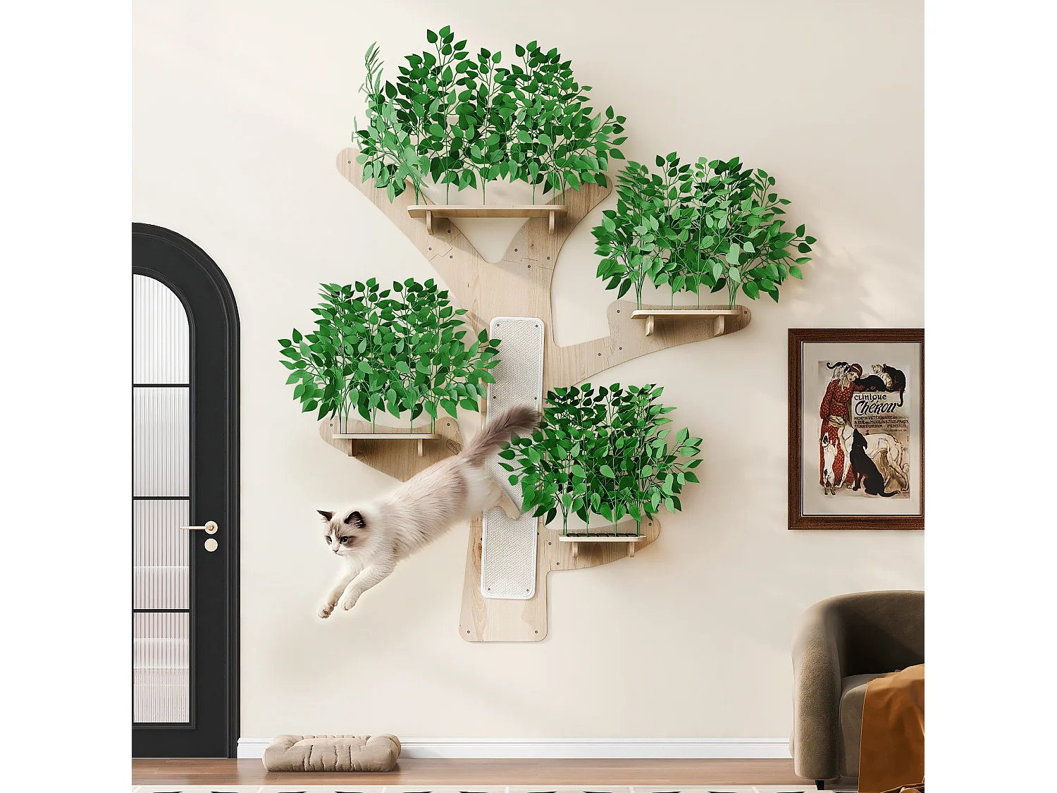 Arbre à chat mural - 210 cm de haut  - Avec griffoirs et 4 plateformes - Feuilles amovibles - Bois de pin - Vert