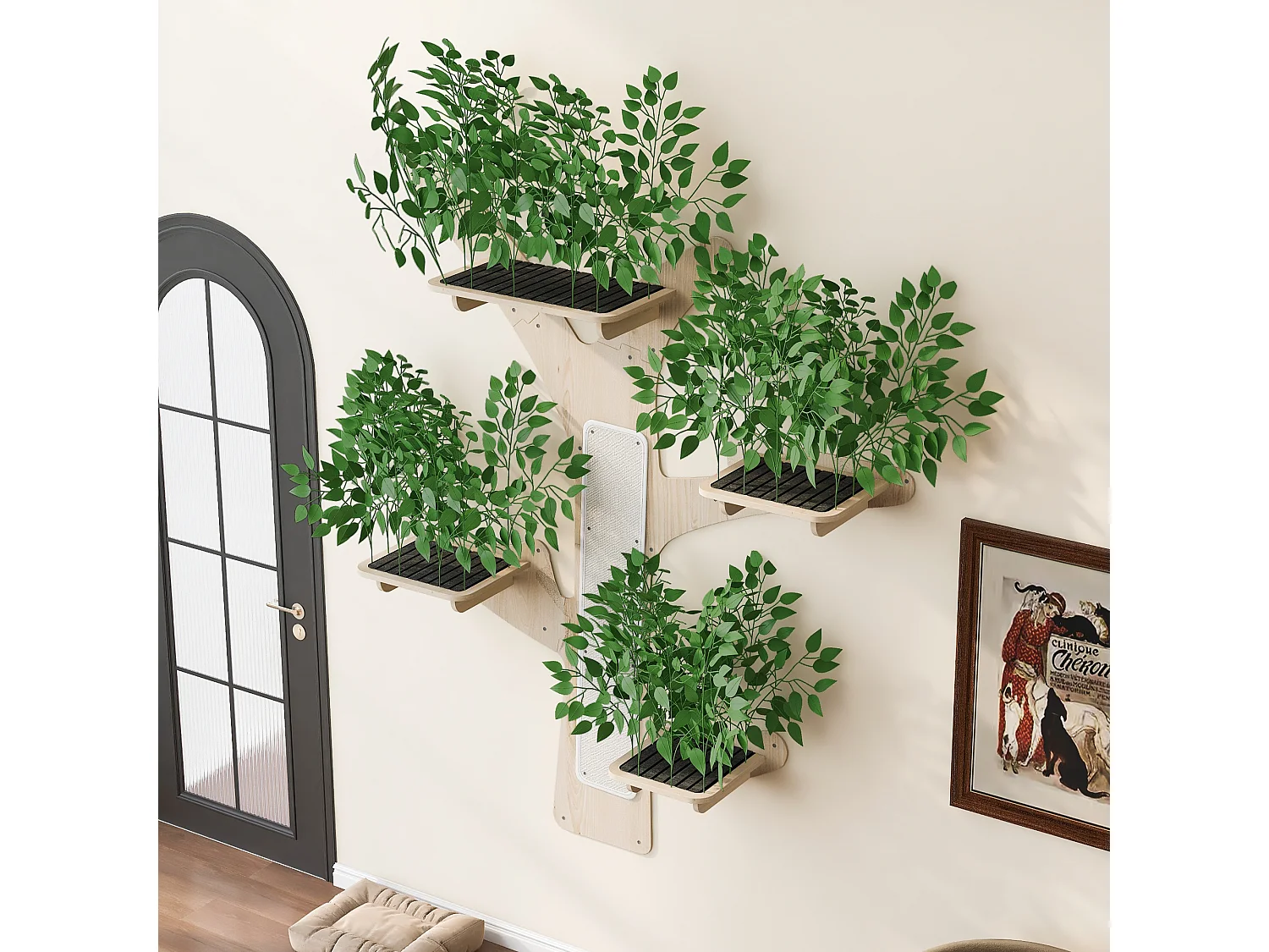 Arbre à chat mural - 210 cm de haut  - Avec griffoirs et 4 plateformes - Feuilles amovibles - Bois de pin - Vert