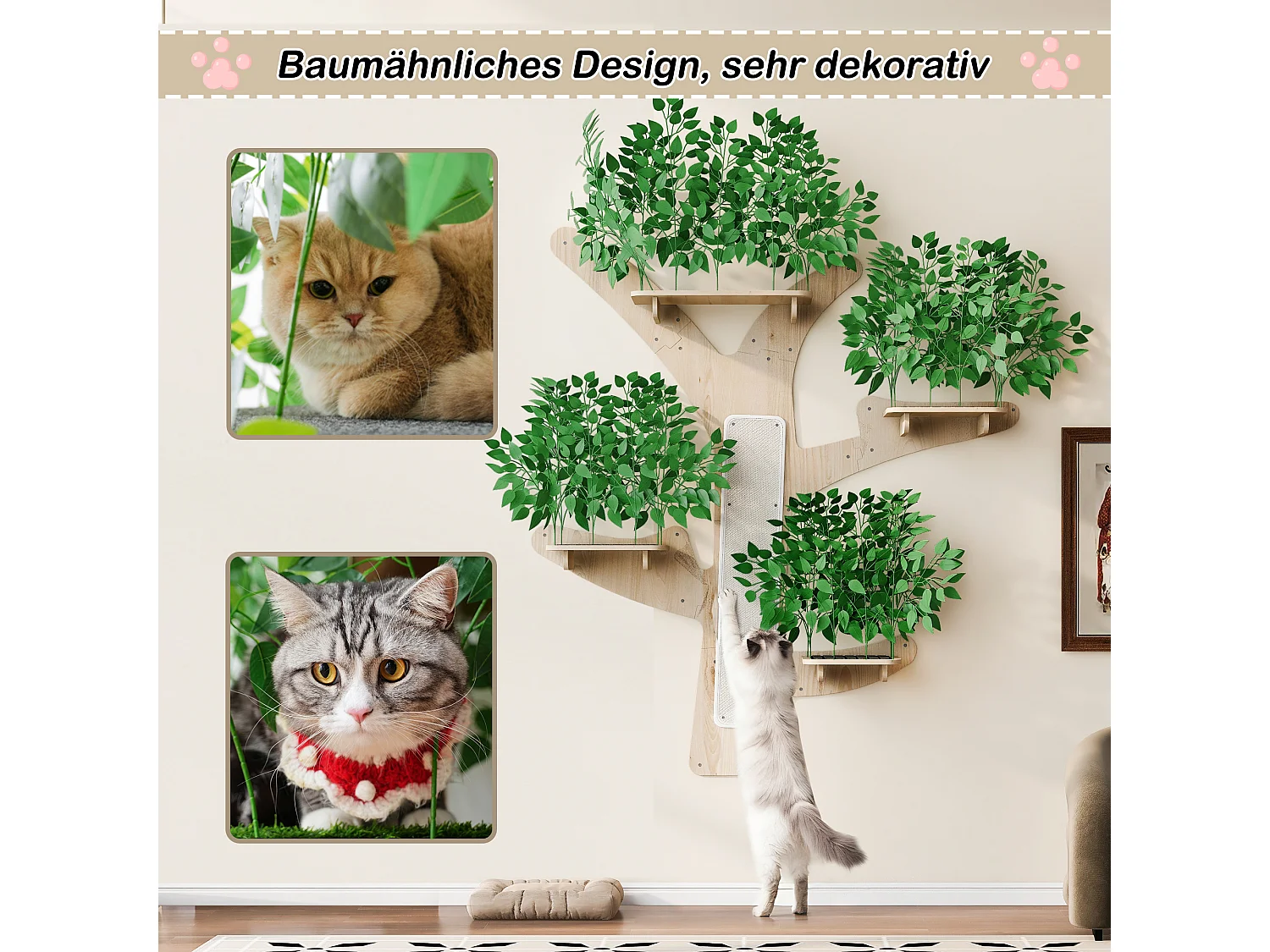Arbre à chat mural - 210 cm de haut  - Avec griffoirs et 4 plateformes - Feuilles amovibles - Bois de pin - Vert