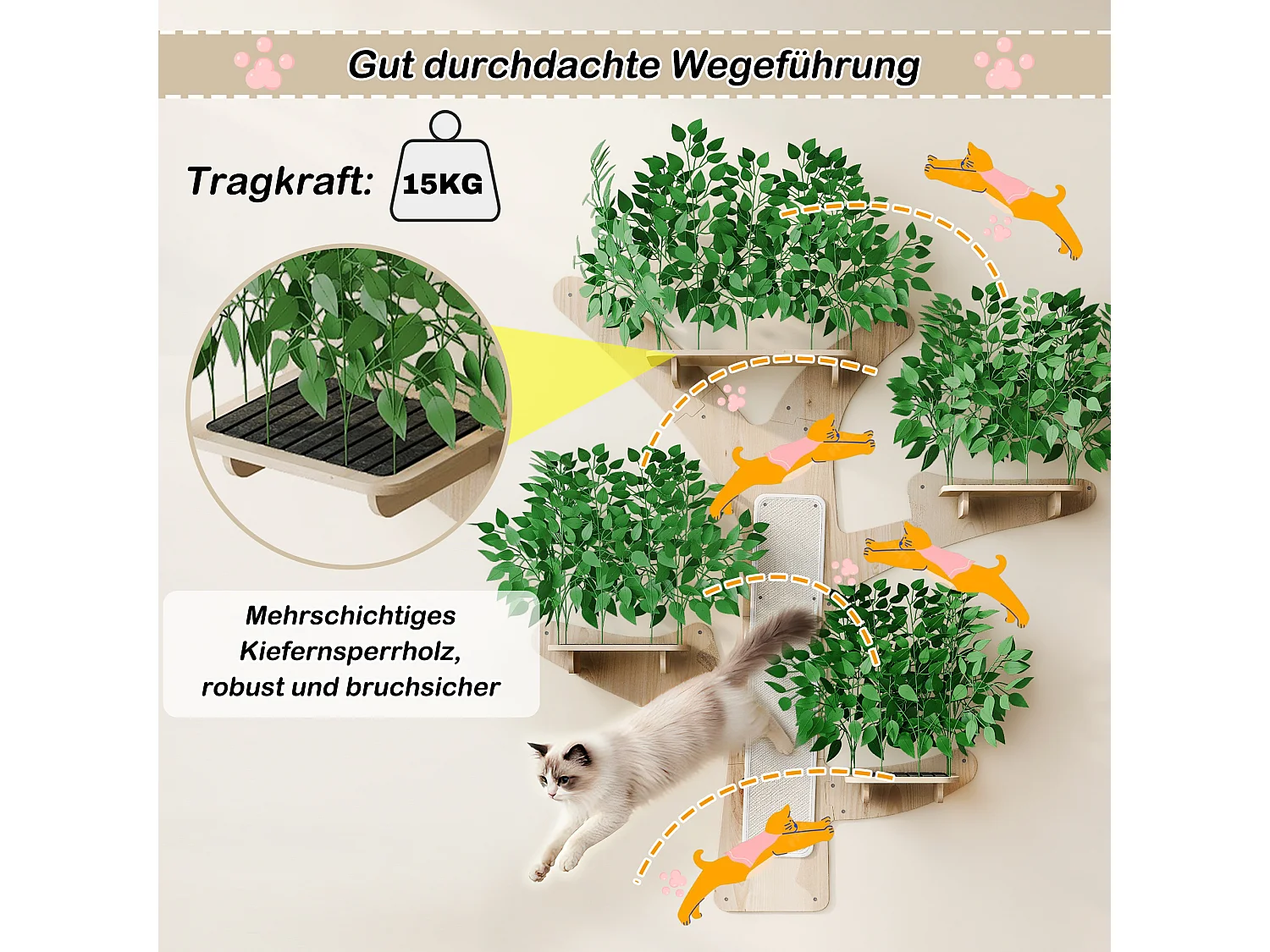 Arbre à chat mural - 210 cm de haut  - Avec griffoirs et 4 plateformes - Feuilles amovibles - Bois de pin - Vert