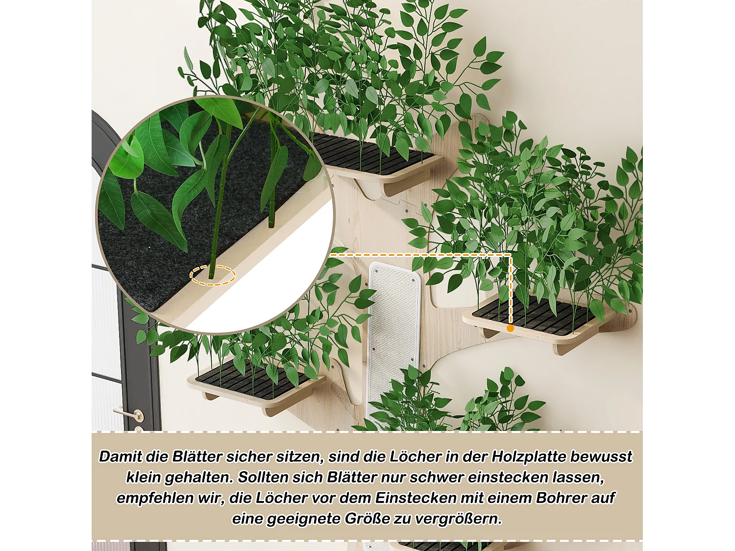 Arbre à chat mural - 210 cm de haut  - Avec griffoirs et 4 plateformes - Feuilles amovibles - Bois de pin - Vert
