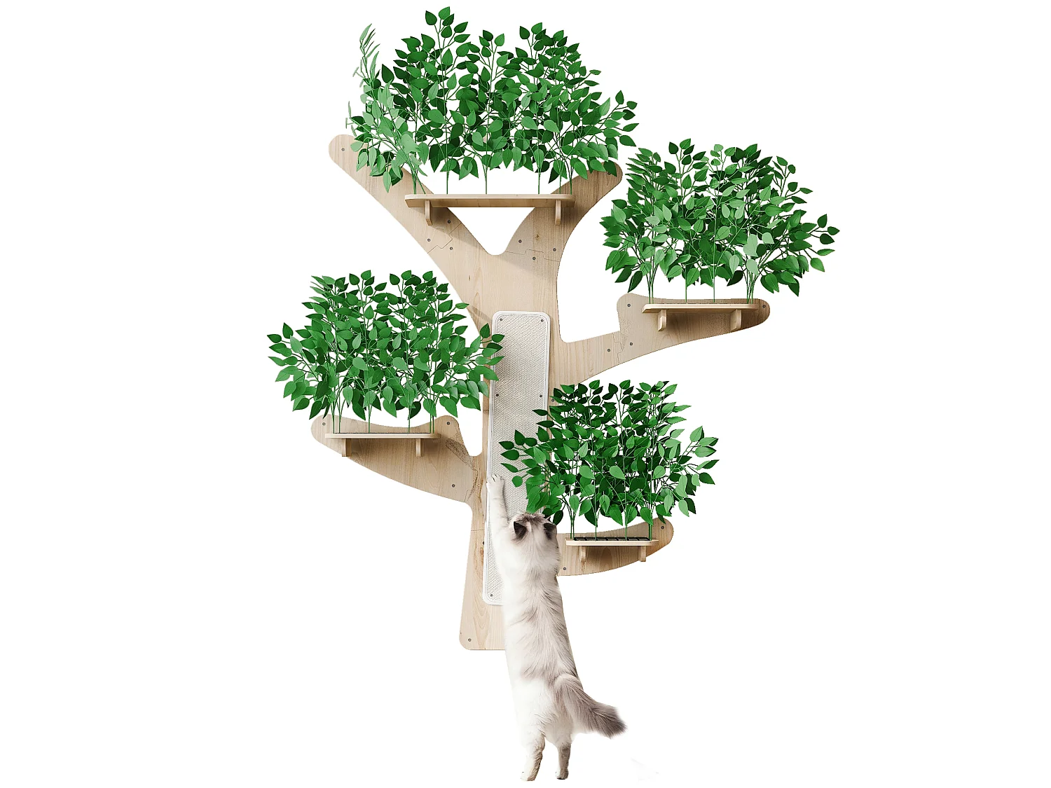 Arbre à chat mural - 210 cm de haut  - Avec griffoirs et 4 plateformes - Feuilles amovibles - Bois de pin - Vert