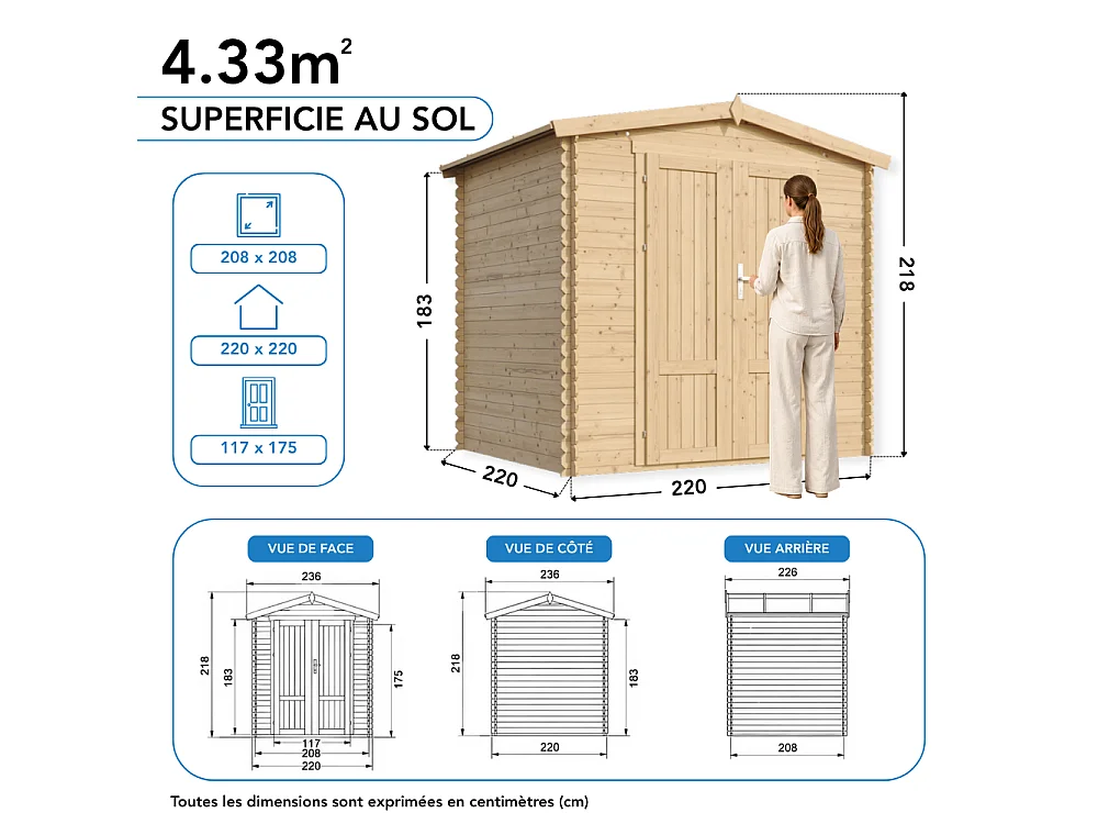 Houten Tuinhuis zonder Vloer -  4.33 m² / 226x236xH218 cm - M369F1