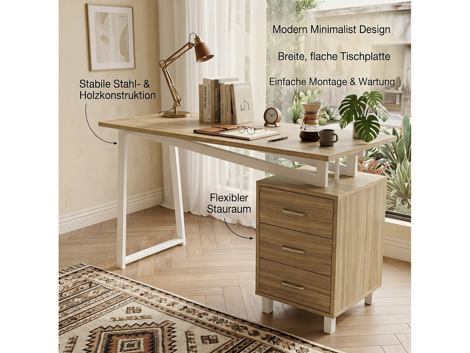 Schreibtisch mit 3 Schubladen – 130 x 55 x 75 cm – MDF und Metall – Verstärkte Konstruktion mit dreieckigen Querverstrebungen – Naturholz und Weiß
