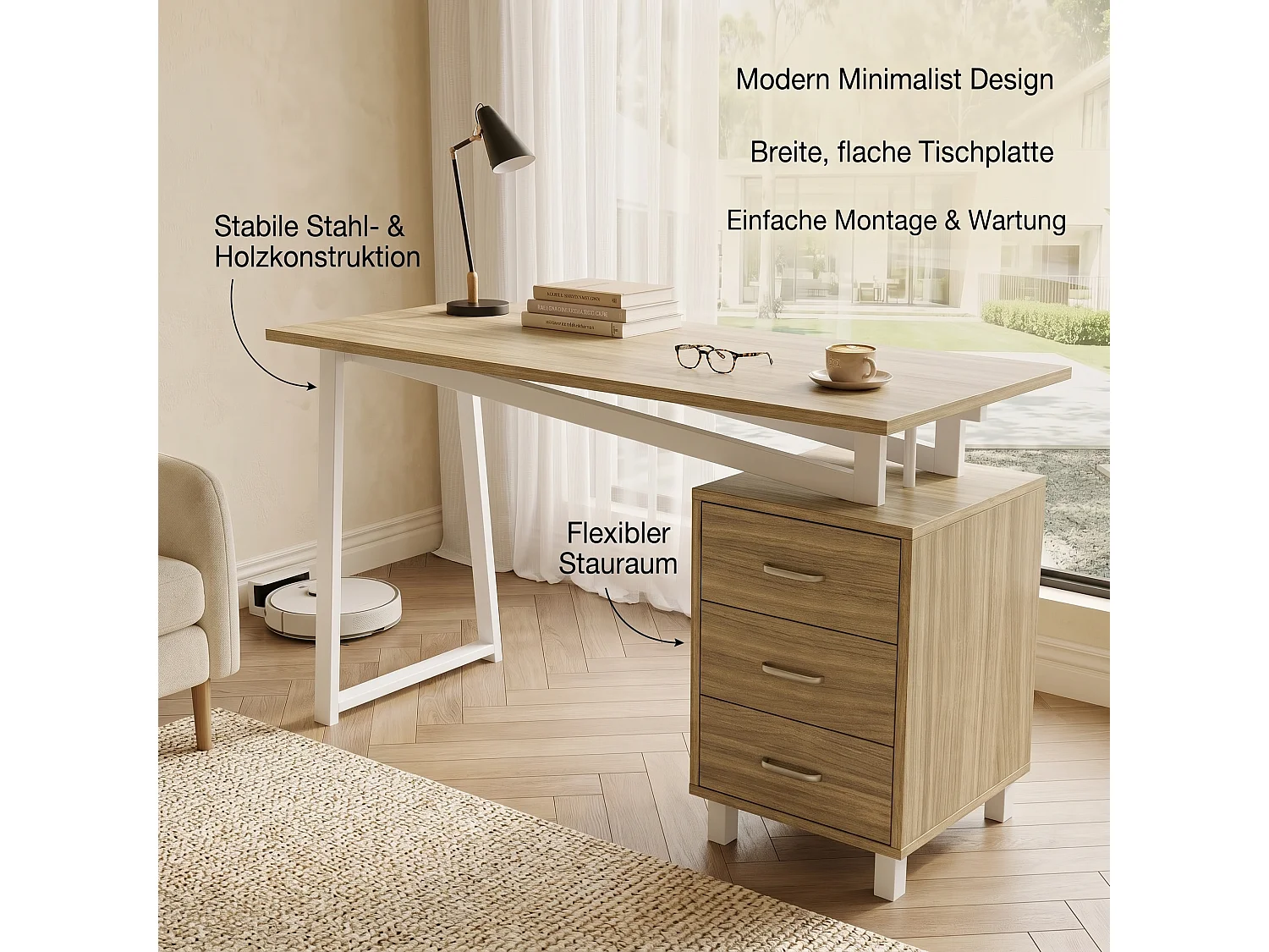 Schreibtisch mit 3 Schubladen – 130 x 55 x 75 cm – MDF und Metall – Verstärkte Konstruktion mit dreieckigen Querverstrebungen – Naturholz und Weiß