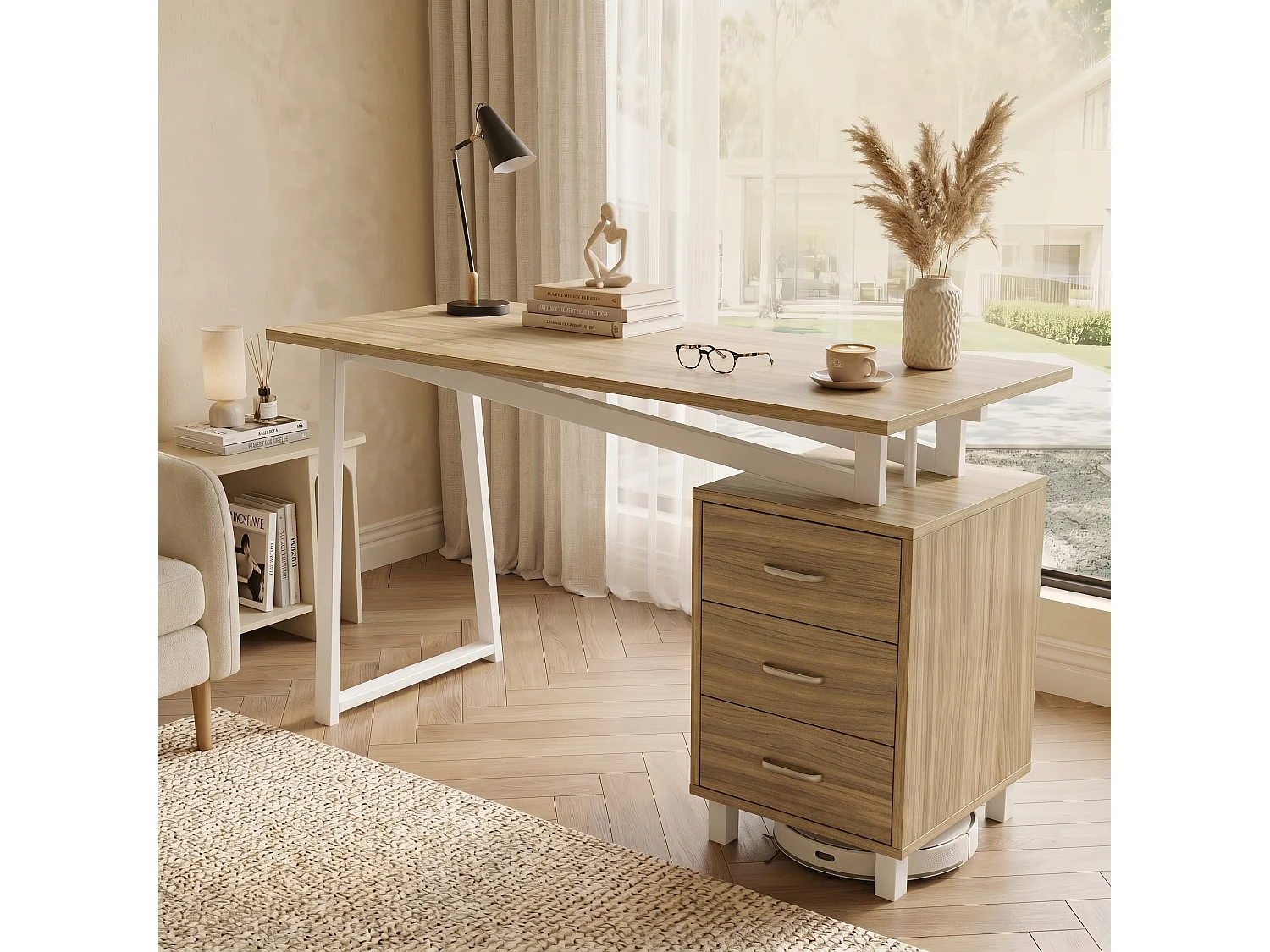 Schreibtisch mit 3 Schubladen – 130 x 55 x 75 cm – MDF und Metall – Verstärkte Konstruktion mit dreieckigen Querverstrebungen – Naturholz und Weiß