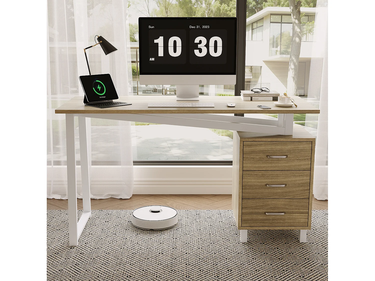 Schreibtisch mit 3 Schubladen – 130 x 55 x 75 cm – MDF und Metall – Verstärkte Konstruktion mit dreieckigen Querverstrebungen – Naturholz und Weiß