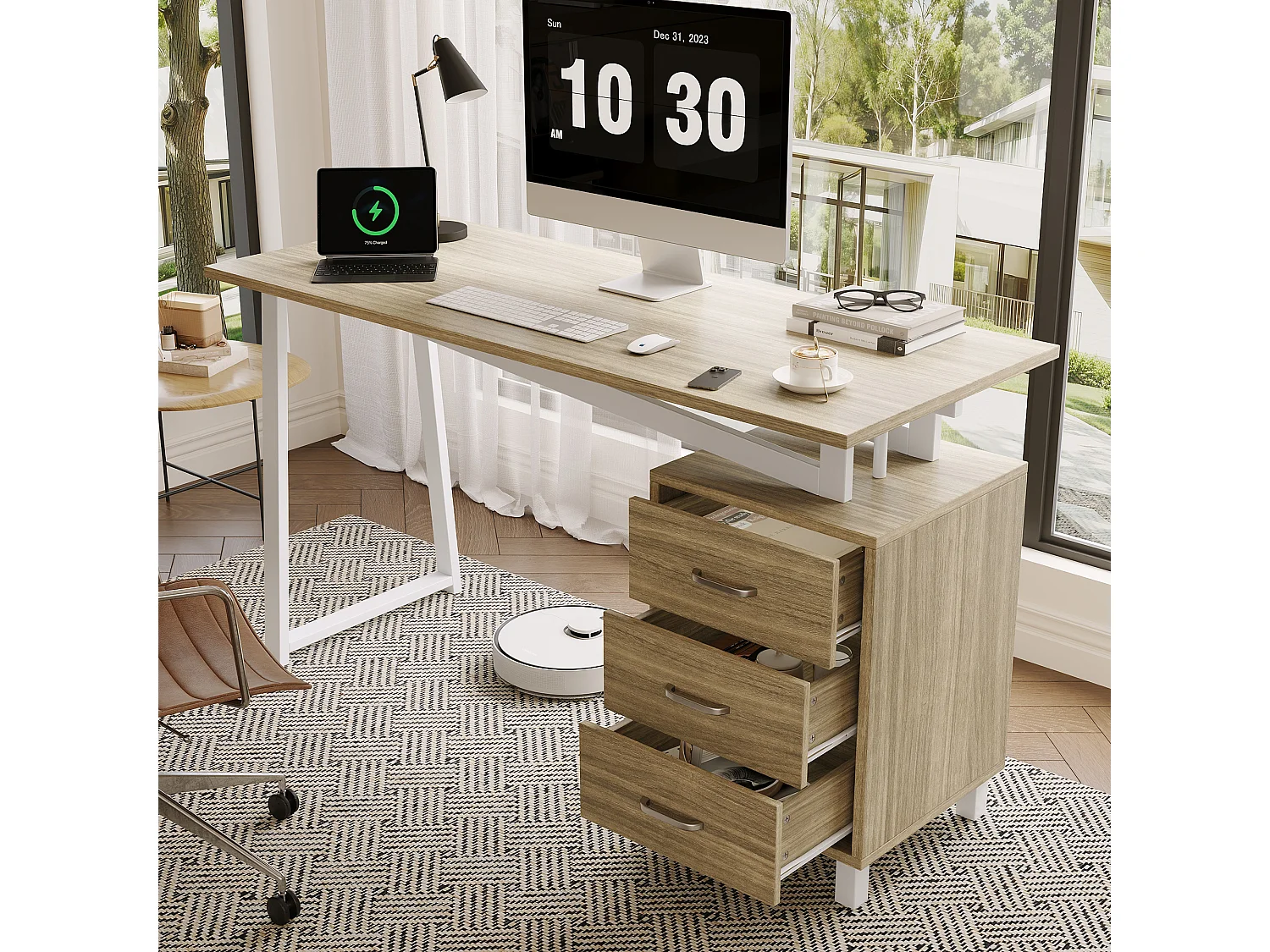 Schreibtisch mit 3 Schubladen – 130 x 55 x 75 cm – MDF und Metall – Verstärkte Konstruktion mit dreieckigen Querverstrebungen – Naturholz und Weiß