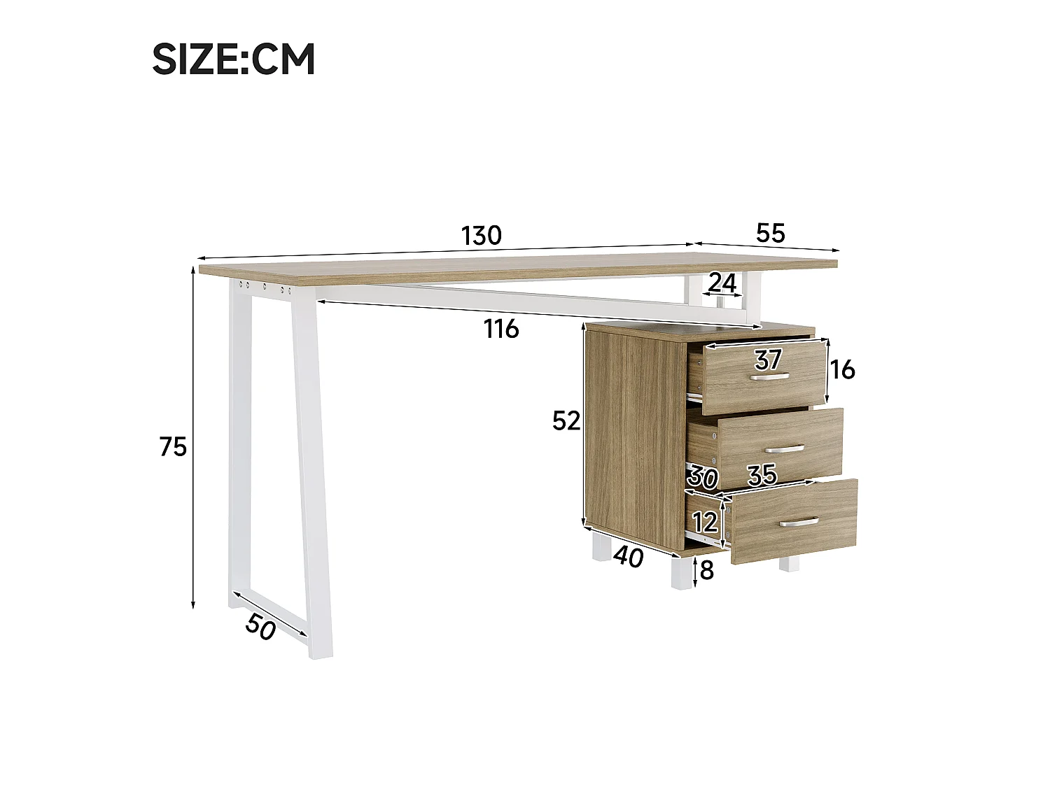 Schreibtisch mit 3 Schubladen – 130 x 55 x 75 cm – MDF und Metall – Verstärkte Konstruktion mit dreieckigen Querverstrebungen – Naturholz und Weiß