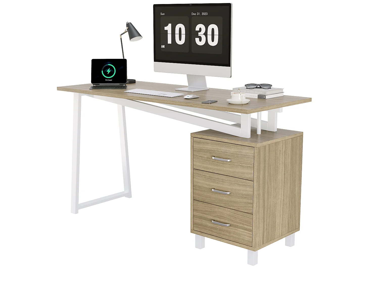 Schreibtisch mit 3 Schubladen – 130 x 55 x 75 cm – MDF und Metall – Verstärkte Konstruktion mit dreieckigen Querverstrebungen – Naturholz und Weiß