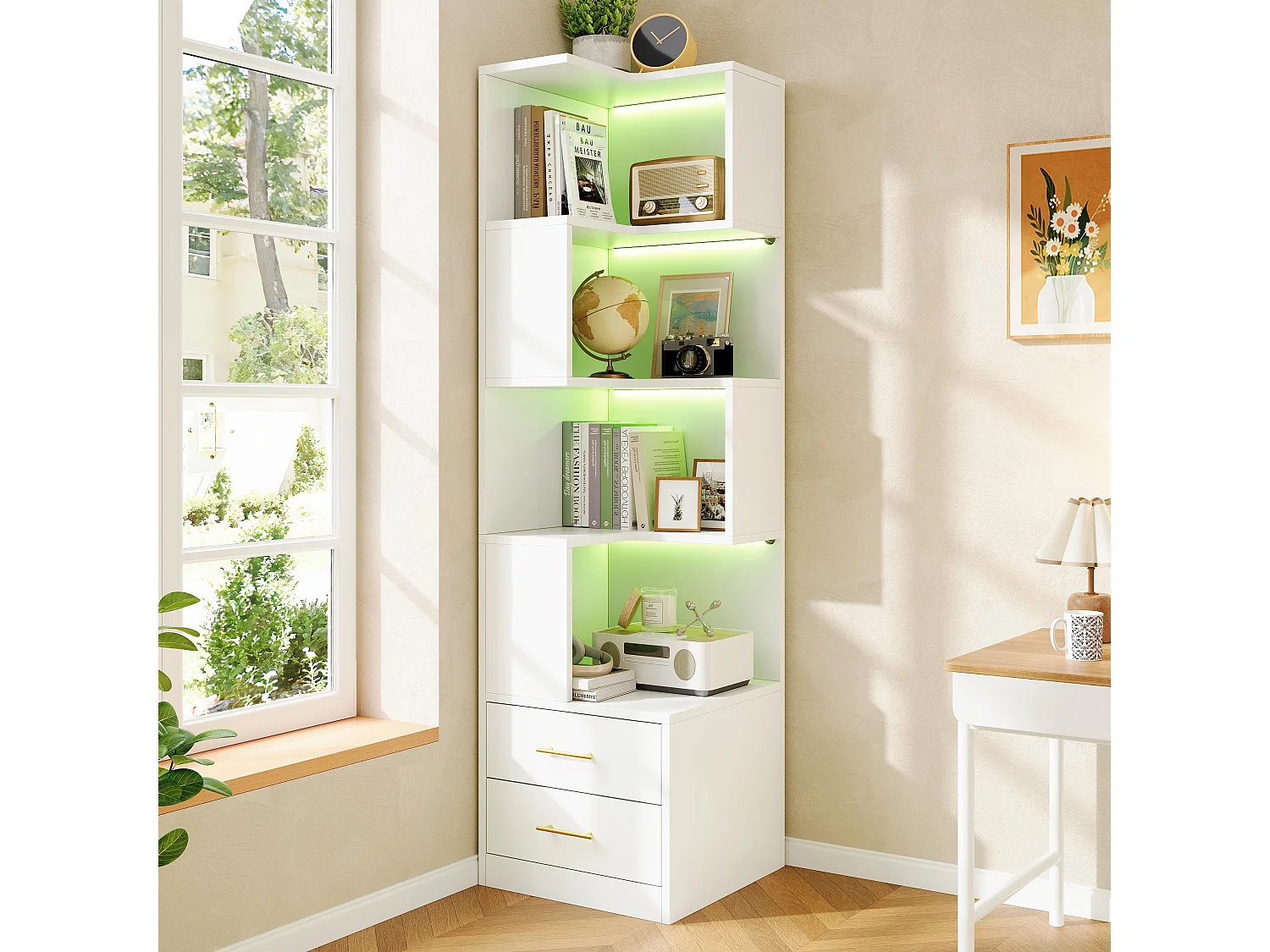 Mensola ad angolo a L 45 x 45 x 165 cm - con illuminazione LED - 2 cassetti e 4 livelli di ripiano - MDF - Bianco