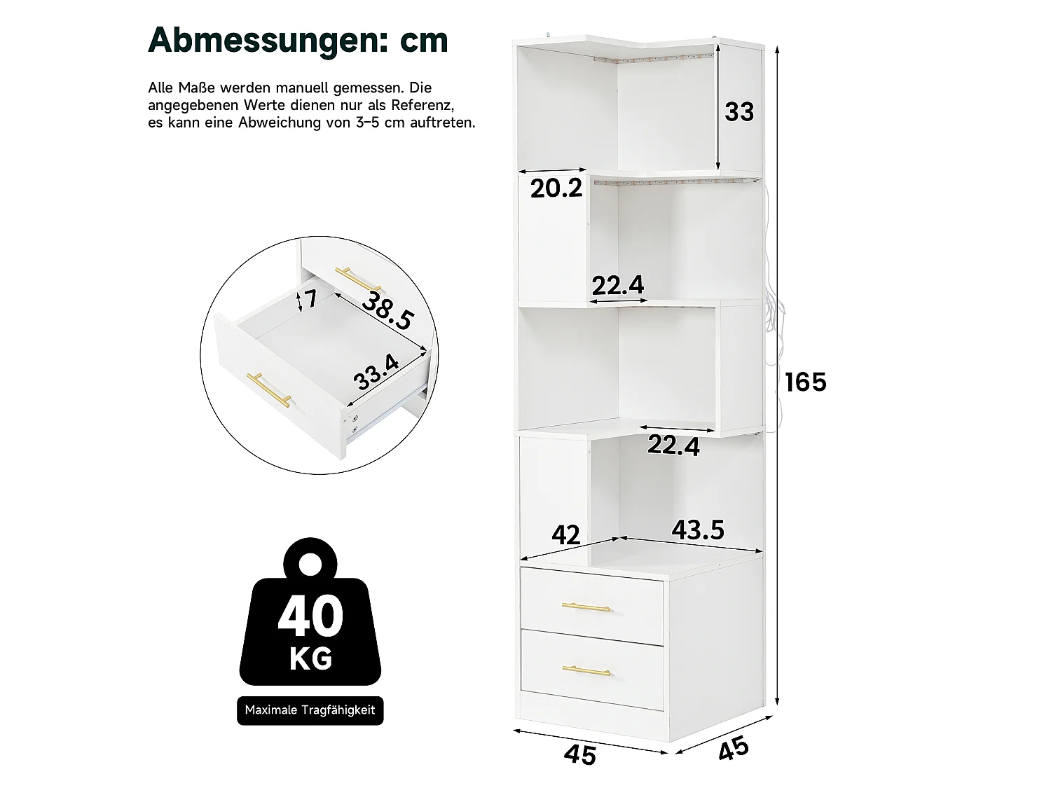 Mensola ad angolo a L 45 x 45 x 165 cm - con illuminazione LED - 2 cassetti e 4 livelli di ripiano - MDF - Bianco