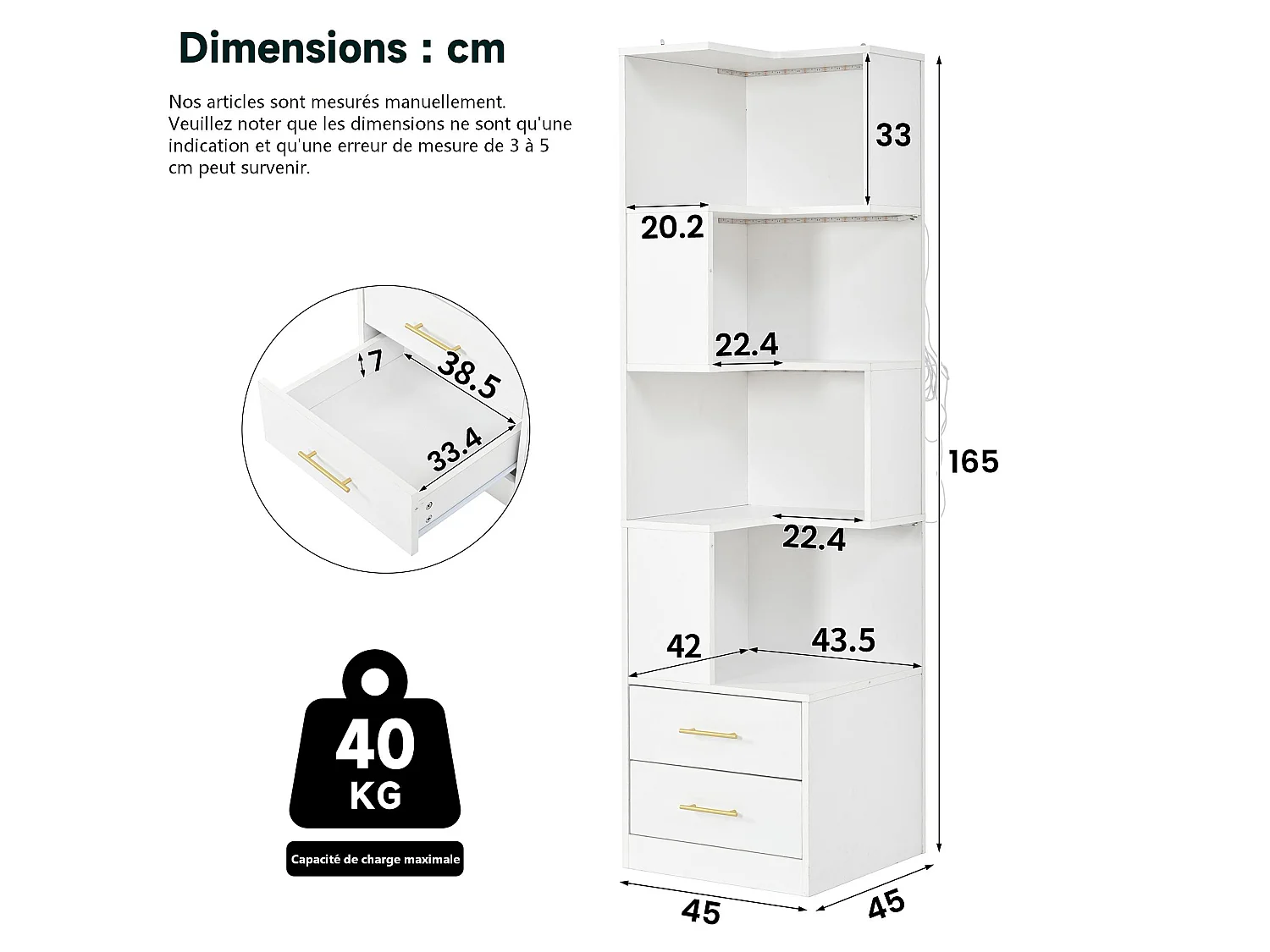 Mensola ad angolo a L 45 x 45 x 165 cm - con illuminazione LED - 2 cassetti e 4 livelli di ripiano - MDF - Bianco