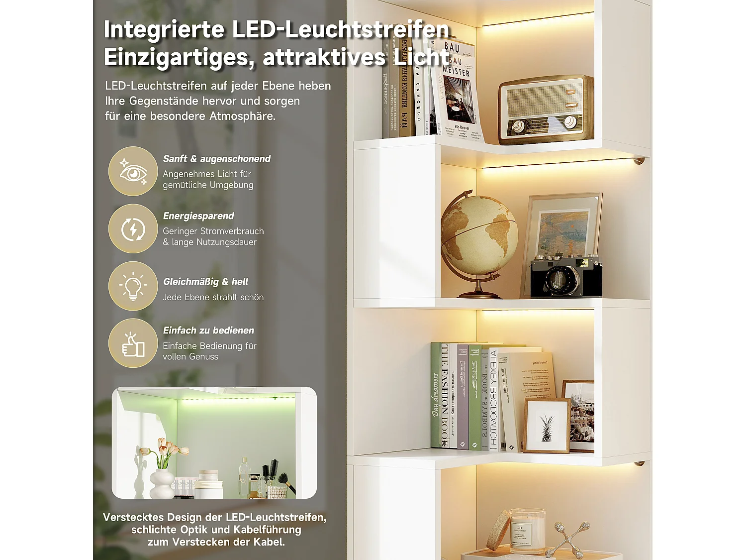 Mensola ad angolo a L 45 x 45 x 165 cm - con illuminazione LED - 2 cassetti e 4 livelli di ripiano - MDF - Bianco